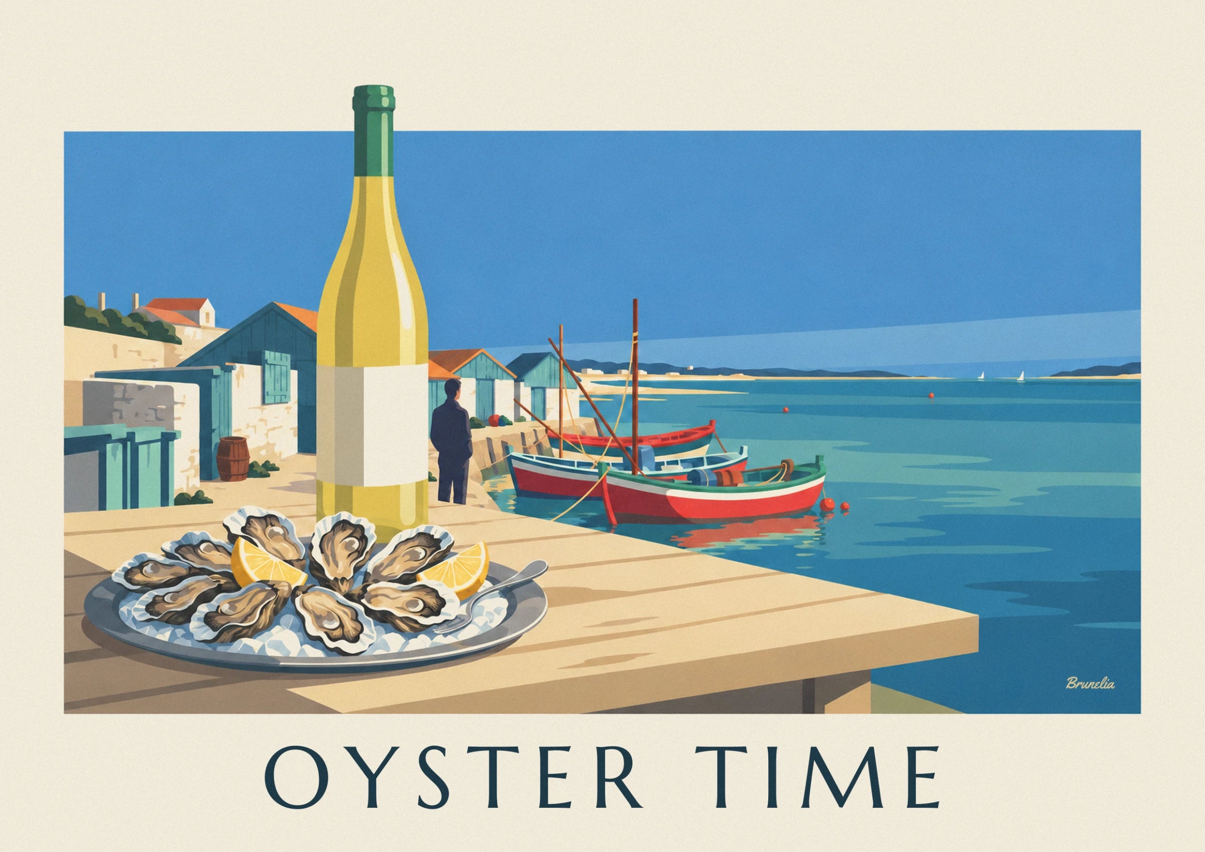 Huîtres ouvertes et citrons sur glace, bouteille de blanc et cabanes bleues