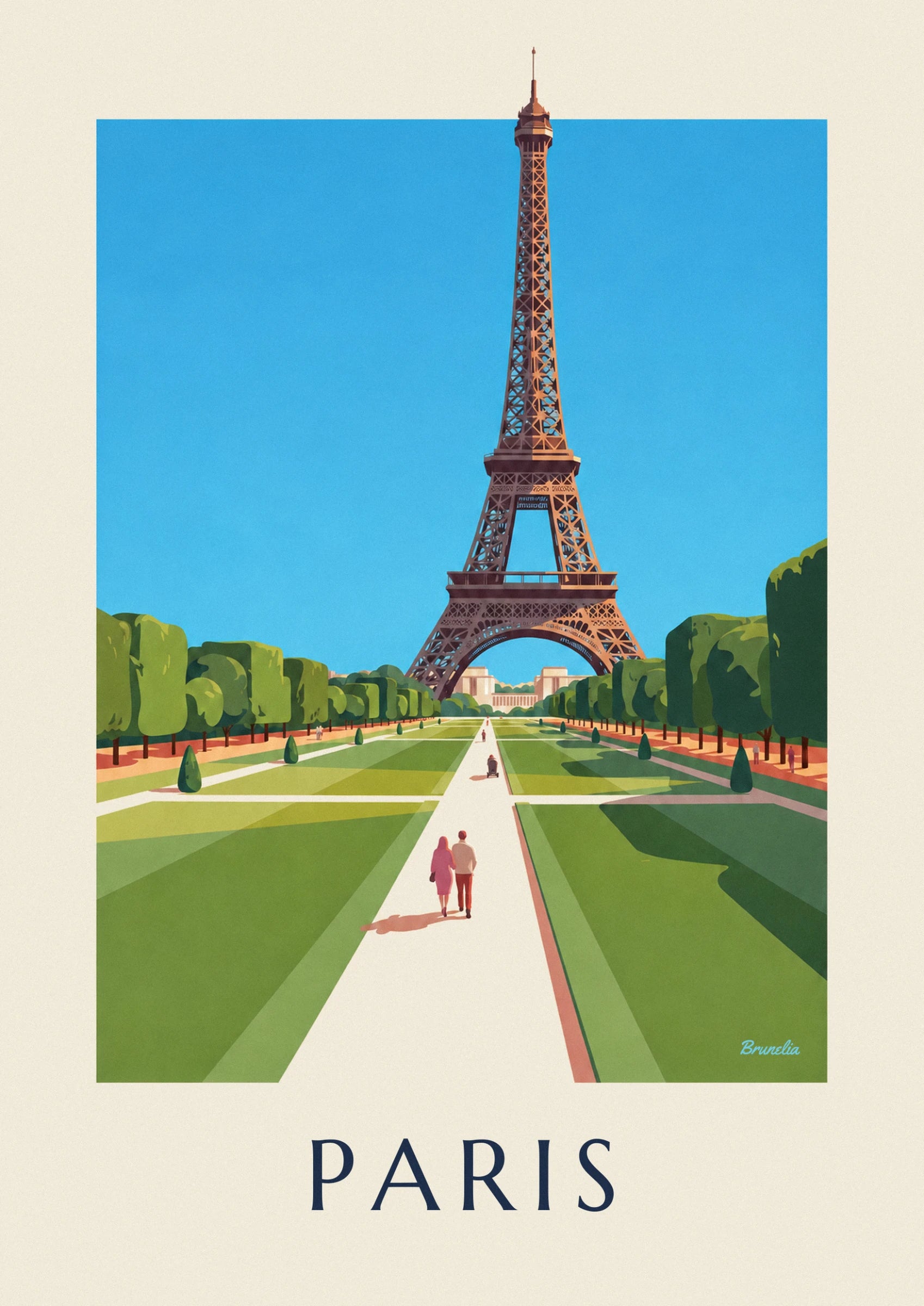 The tour Eiffel in orange-brown iron beneath a blue sky, above the clipped hedges