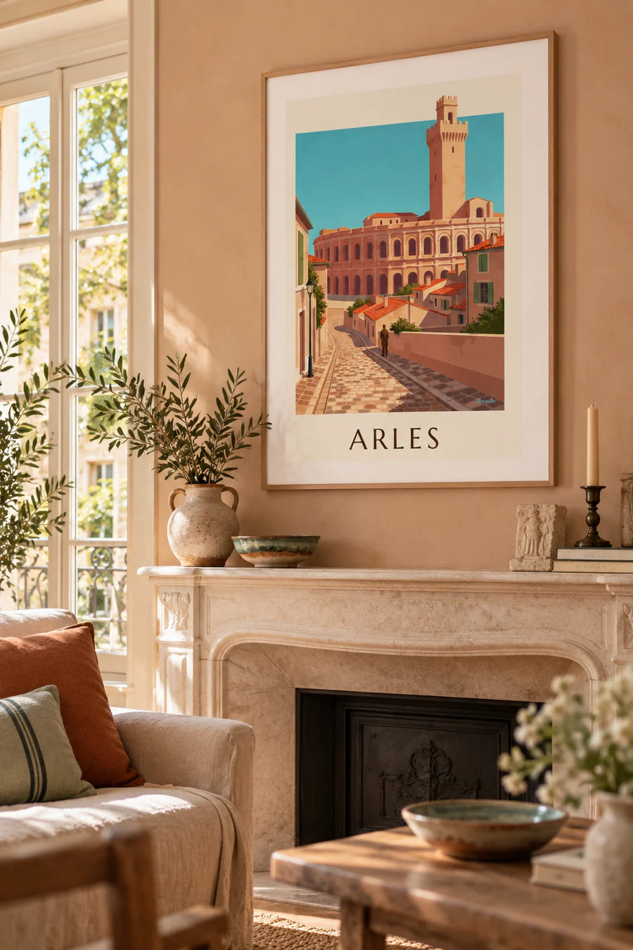 Plakat z rzymską areną w Arles i starym miastem w Prowansji: w ramie na ścianie