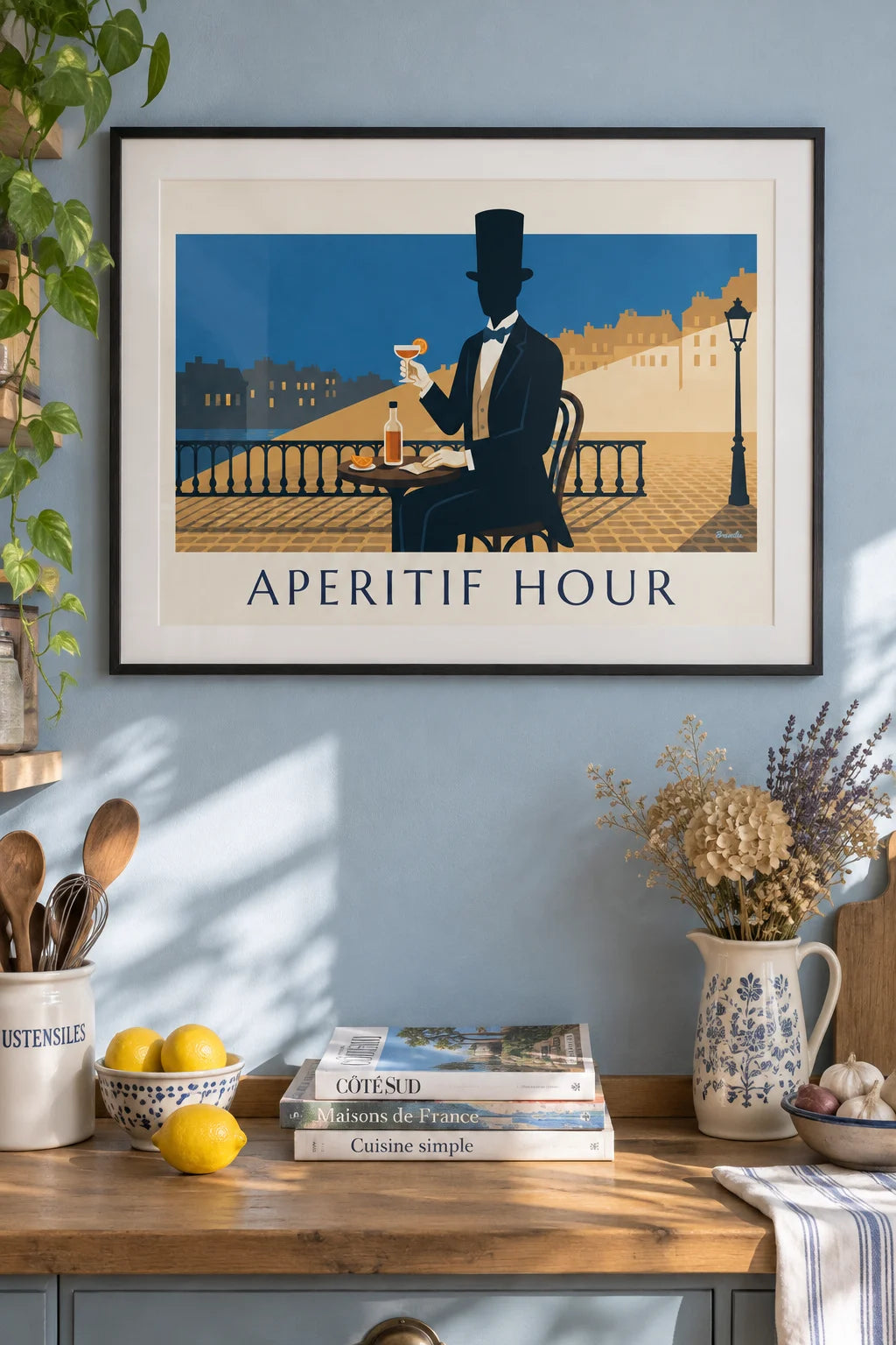 Top-hat gentleman with aperitif glass poster on the wall