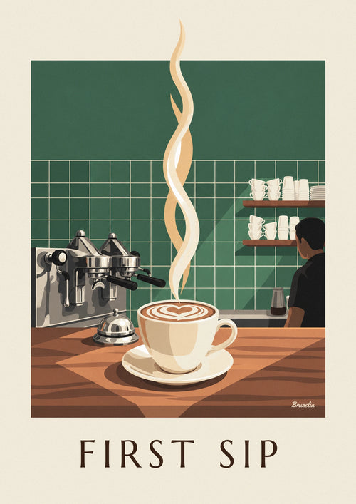 Cappuccino with foam heart on a café counter poster: the full poster