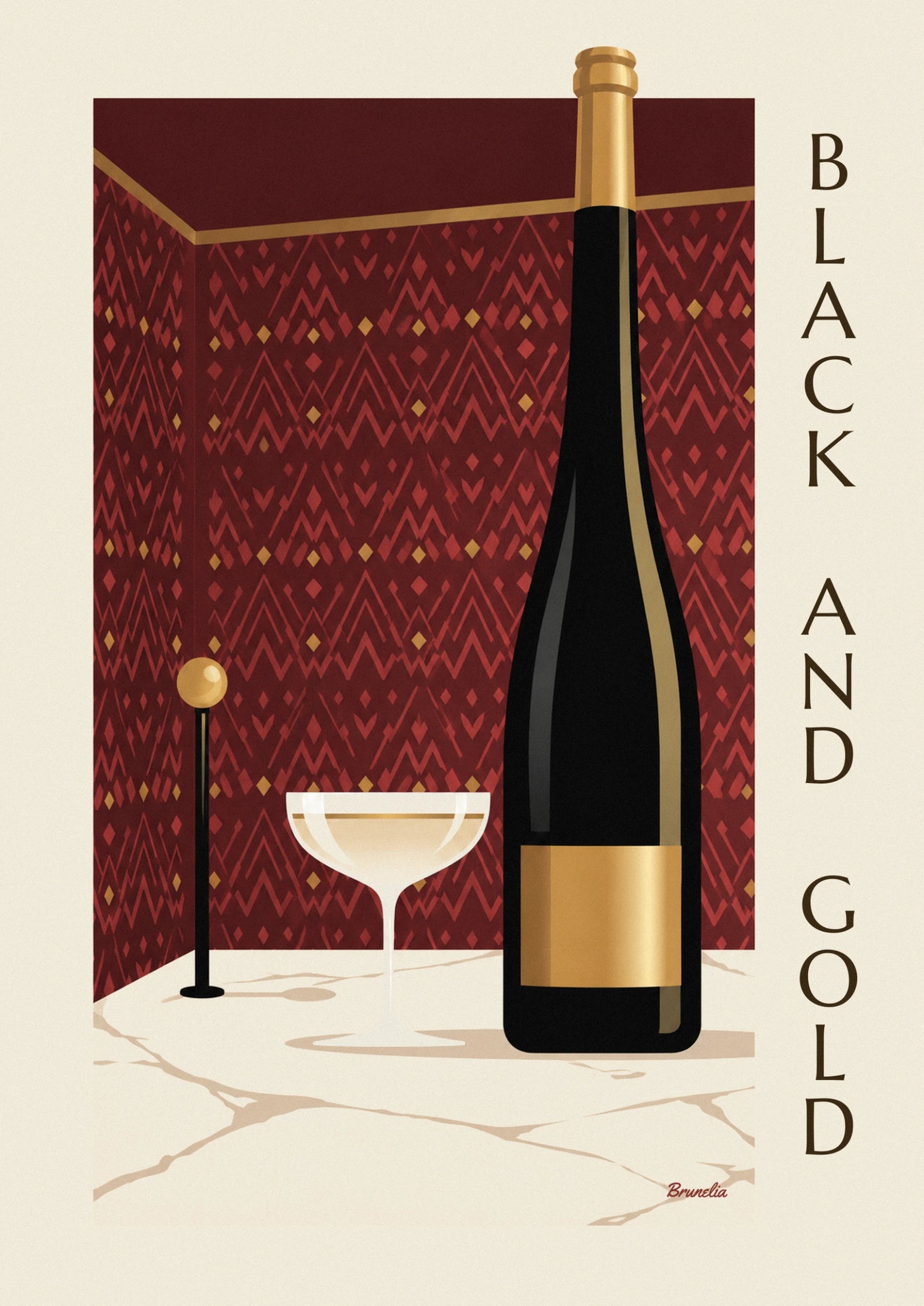 The black bottle with its gold label in front of the red zigzag pattern