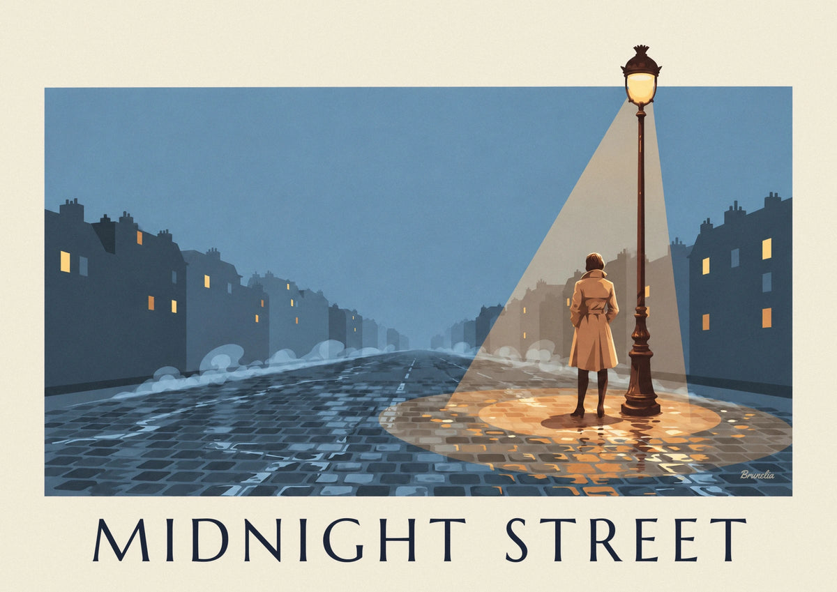 Affiche femme en trench-coat sous un réverbère la nuit