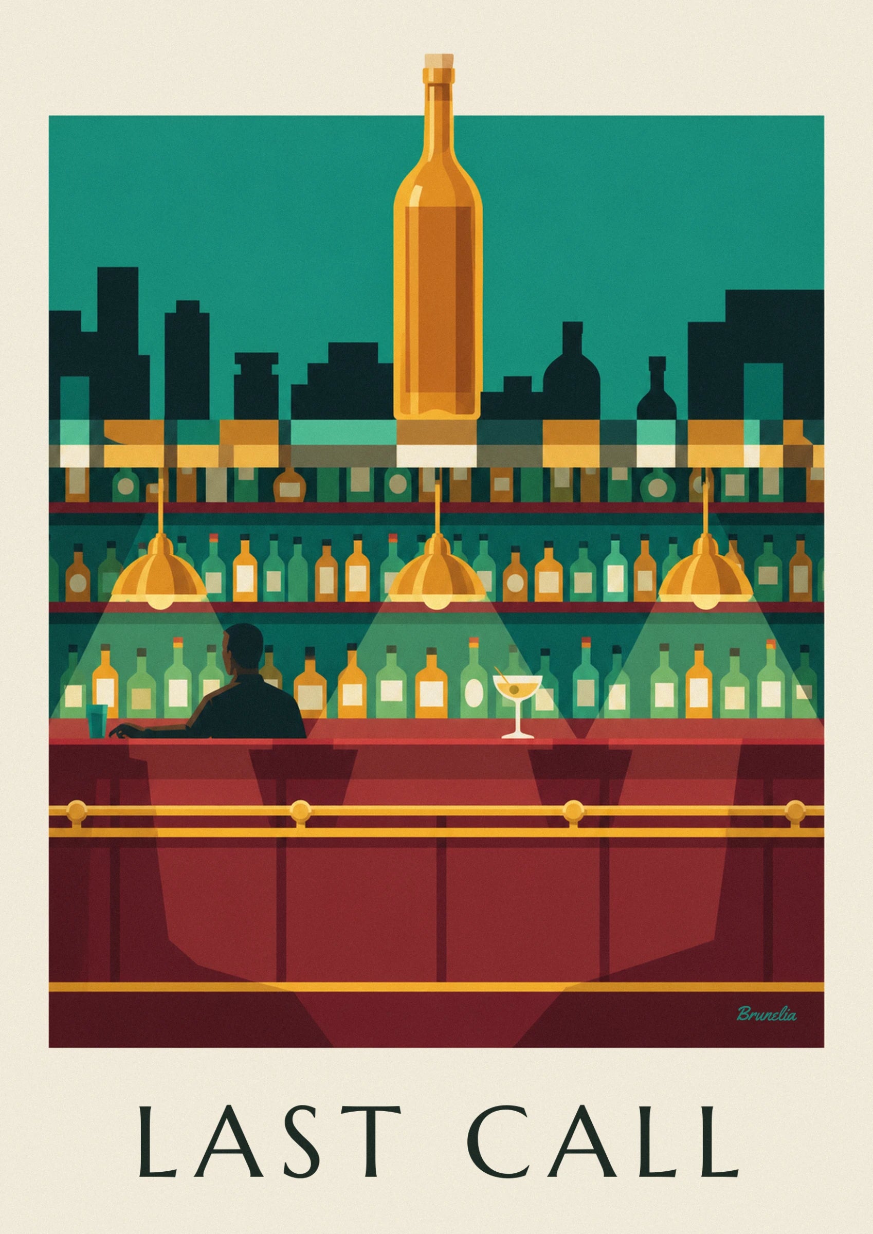 A large amber bottle against a turquoise background with bottle silhouettes
