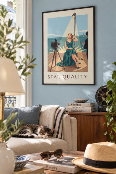 Poster of a glamorous woman’s portrait in a photo studio: framed on the wall