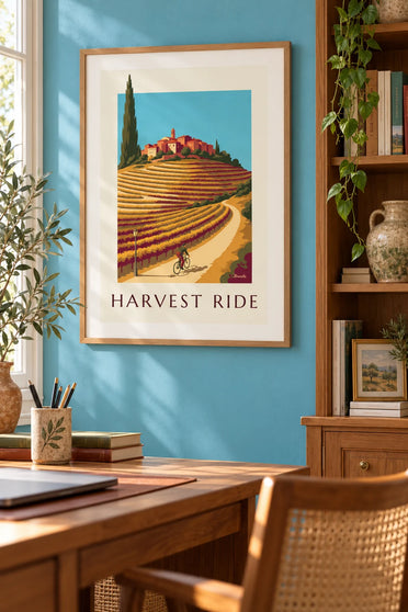 Plakat rowerzysta wśród winnic jesienią: w ramie na ścianie