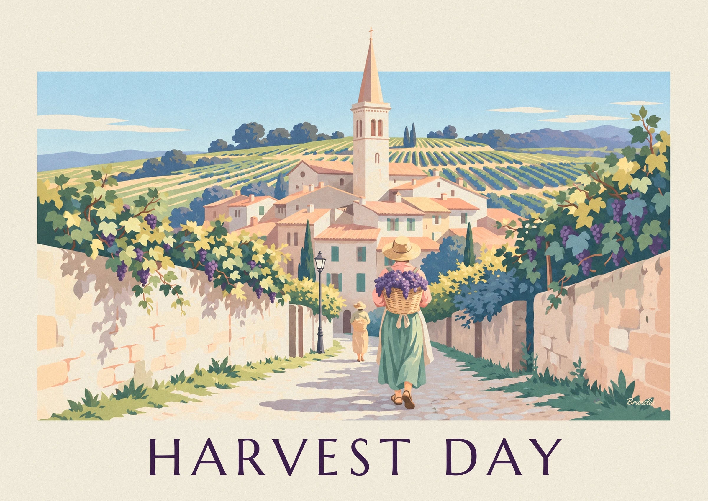 The grape picker seen from behind, with her green skirt and grape-filled basket on her back in the lane