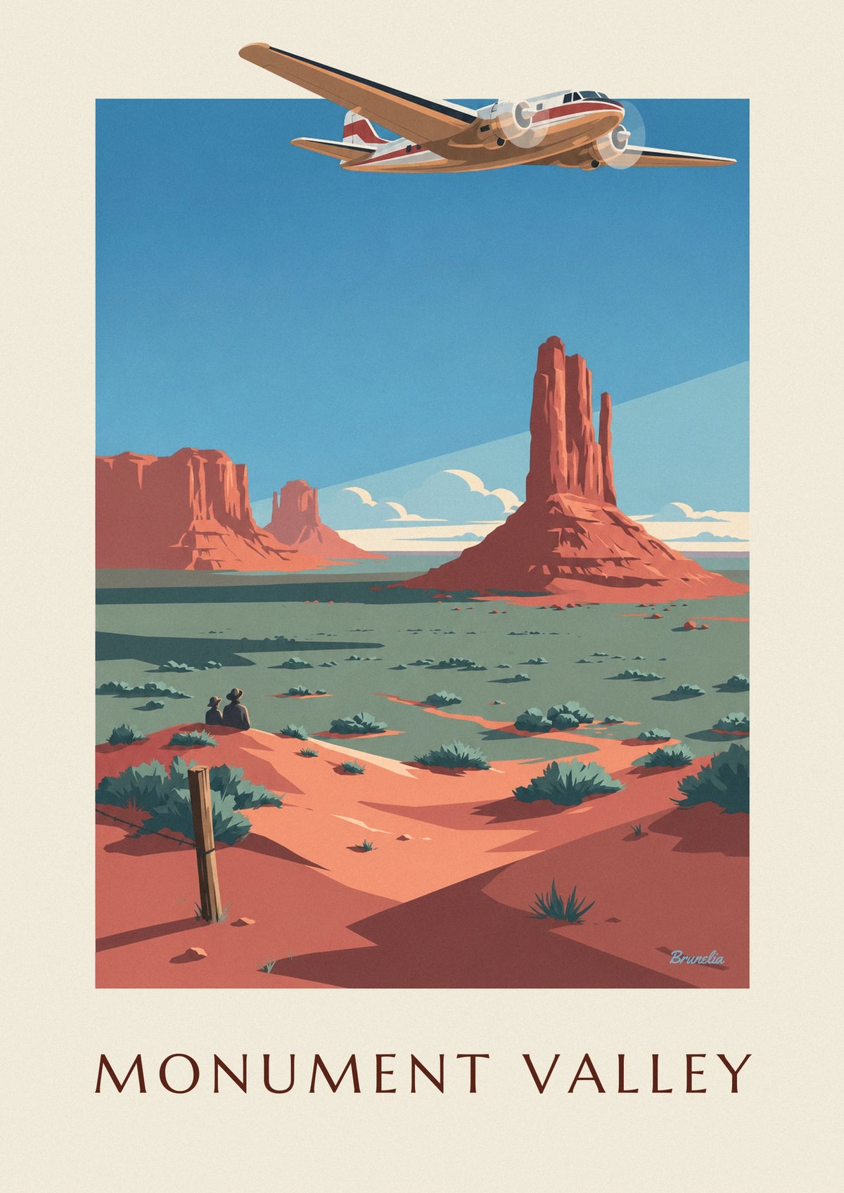 Twin-engine airliner over Monument Valley poster