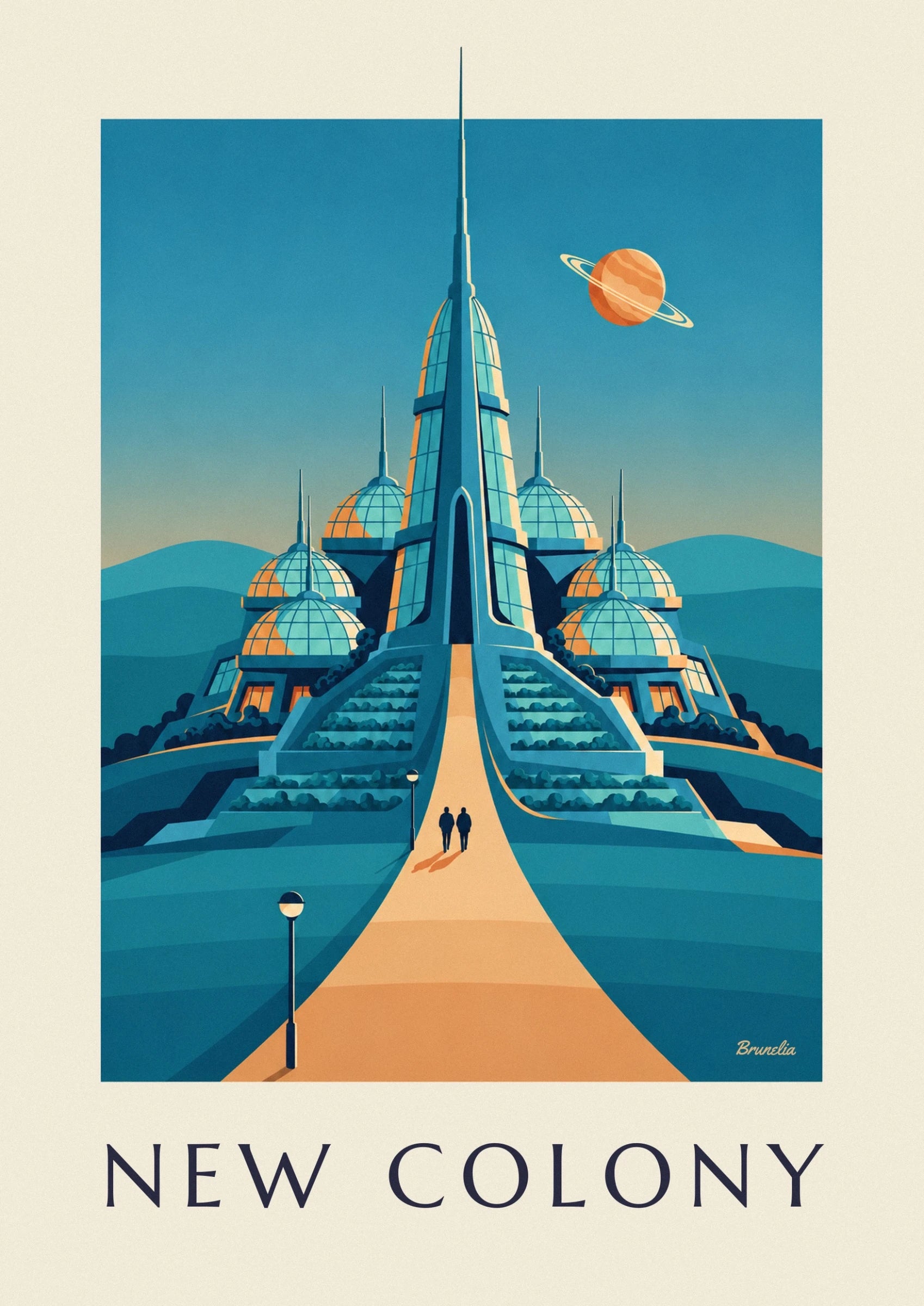 The tall turquoise glass tower surrounded by glass domes with orange reflections