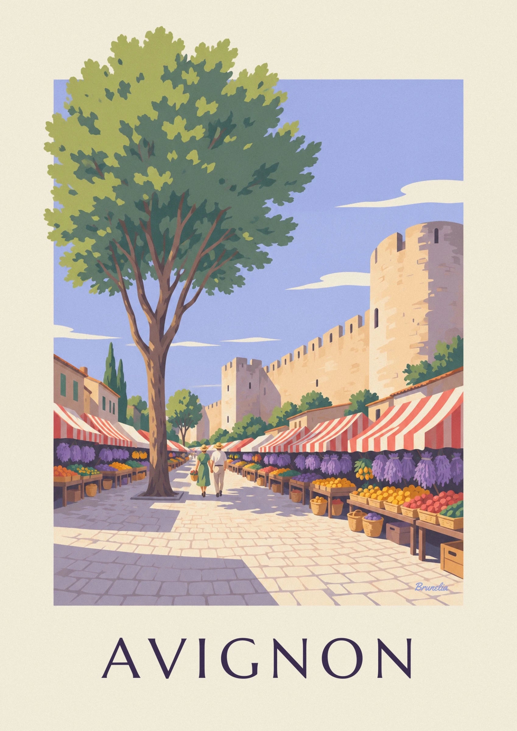 Colourful fruit stalls and bunches of lavender beneath striped awnings