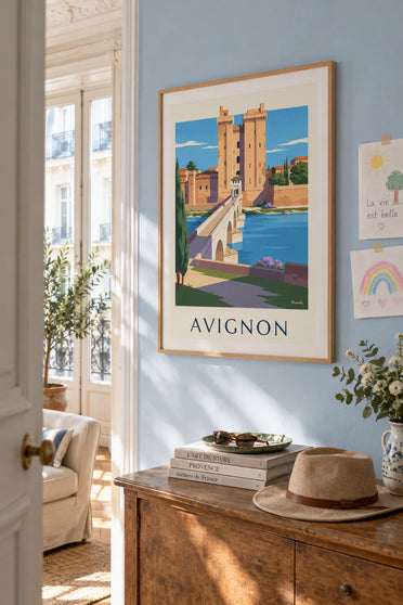 Poster of the Saint-Bénézet bridge and the Palais des Papes in Avignon: framed on the wall