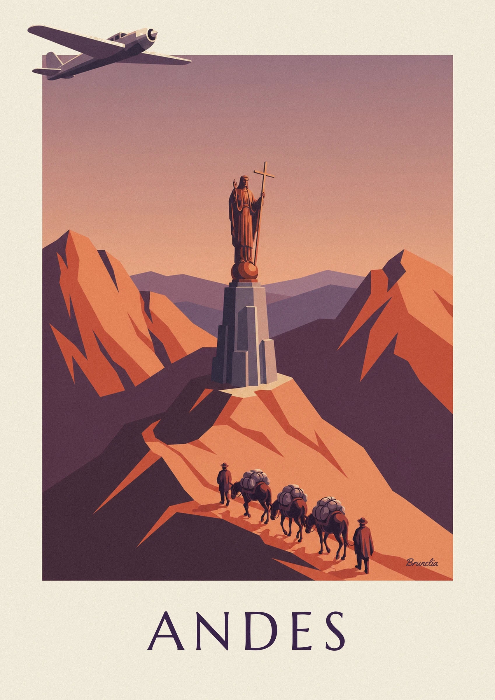 Airmail plane and Andes mule caravan poster: close-up detail
