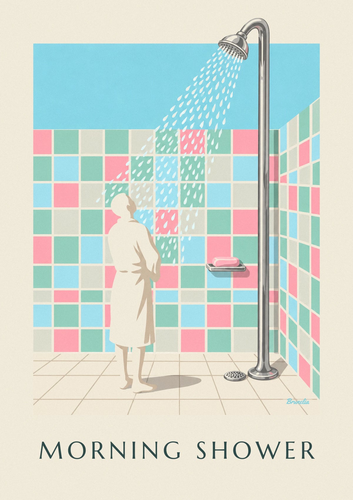 Chrome showerhead and pastel tiles poster