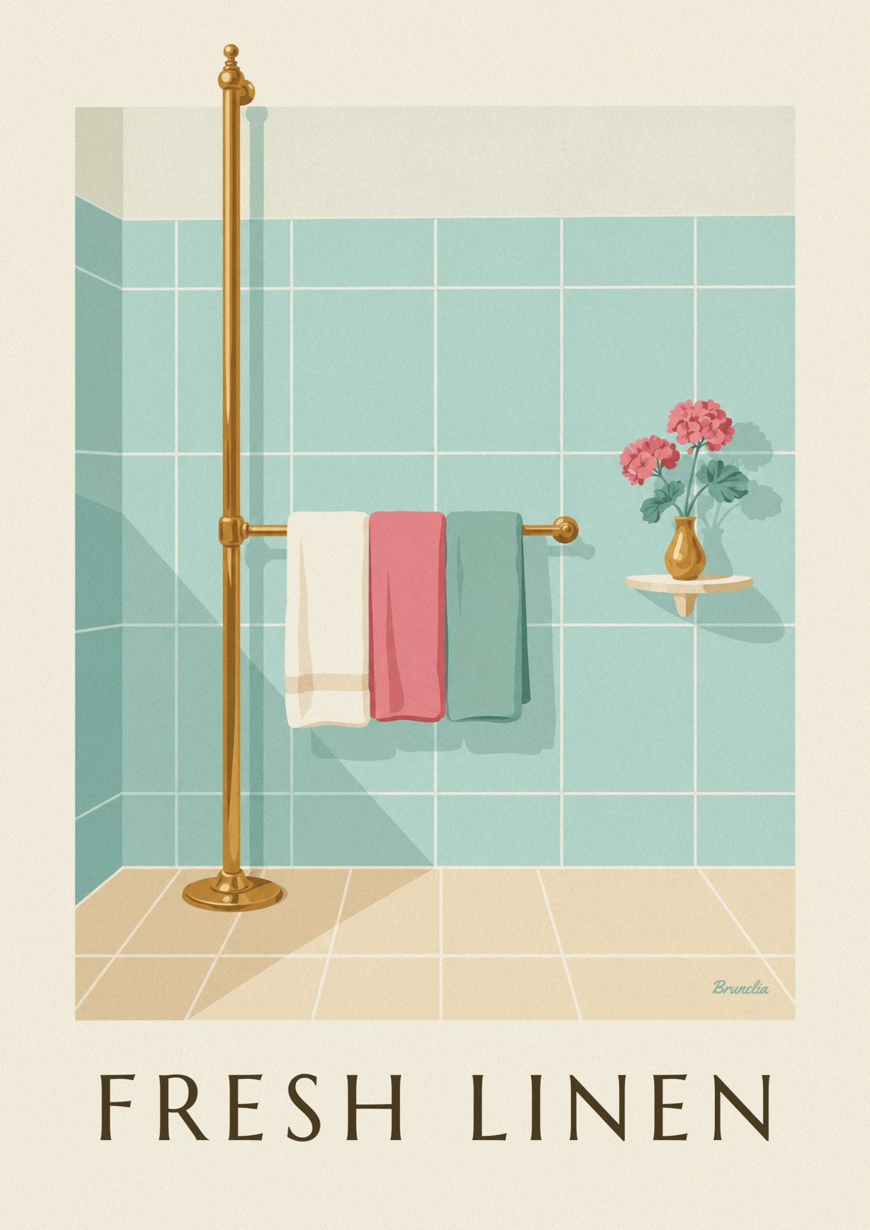 Les 3 serviettes crème, rose et vert d’eau sur une barre en laiton