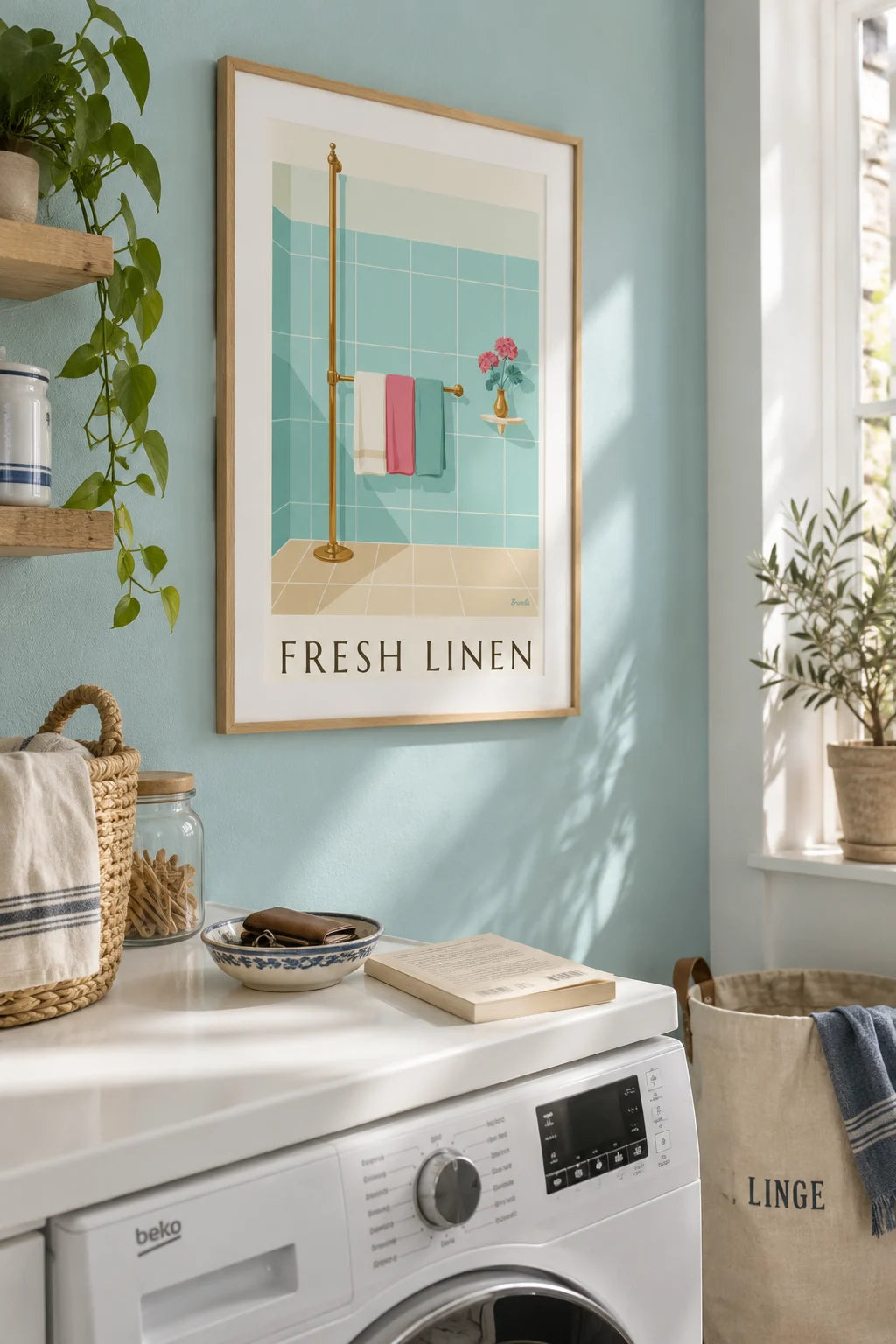Laundry room: Folded towels on a brass towel rail poster on the wall