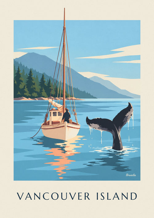 Affiche queue de baleine près d'un voilier au large de l'île de Vancouver : l'affiche entière