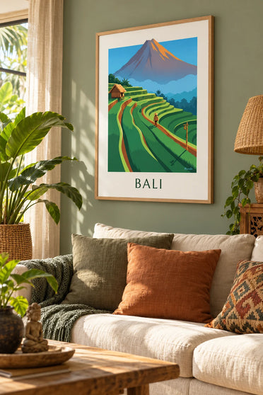 Affiche rizières en terrasses de Bali et mont Agung au lever du soleil : encadrée au mur