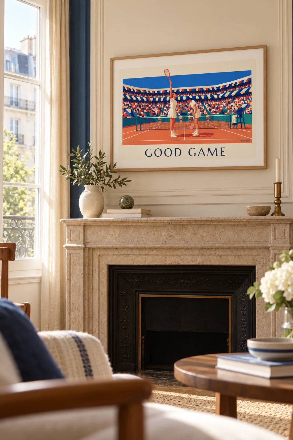 Handshake at the net after a clay-court match poster on the wall