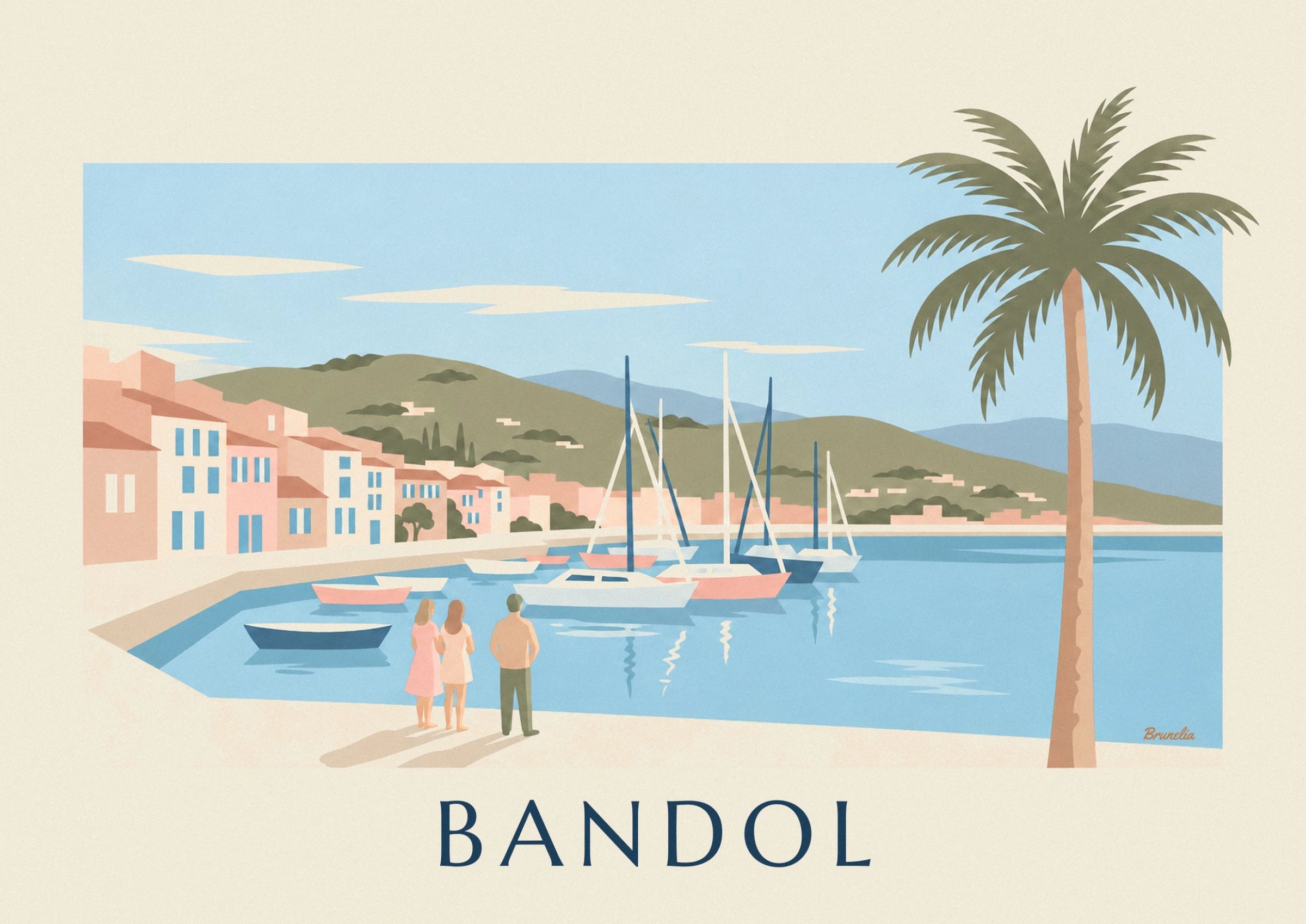 The sailing boats with tall masts and white and pink hulls on the blue harbour water