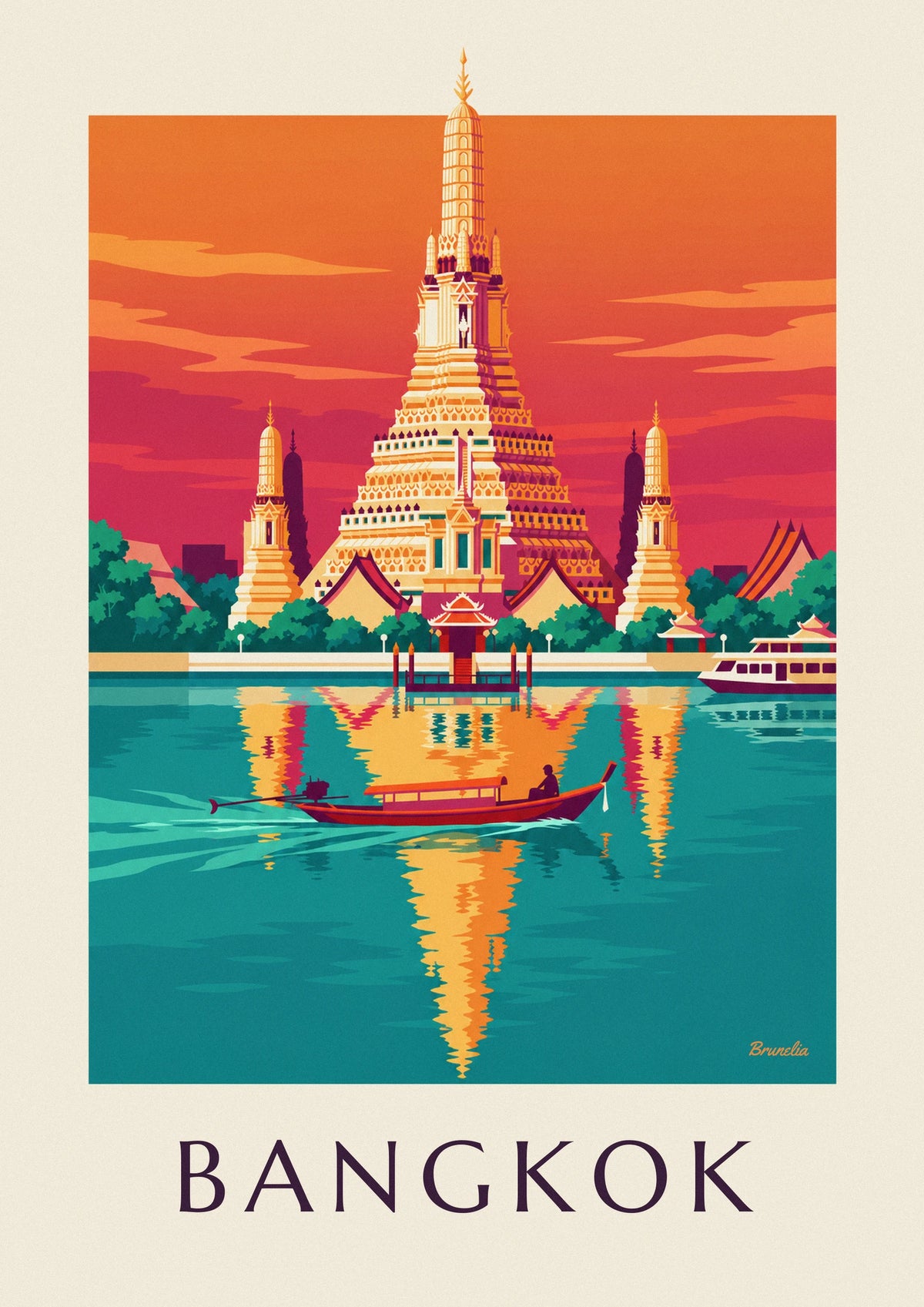 Affiche temple Wat Arun au bord du fleuve à Bangkok