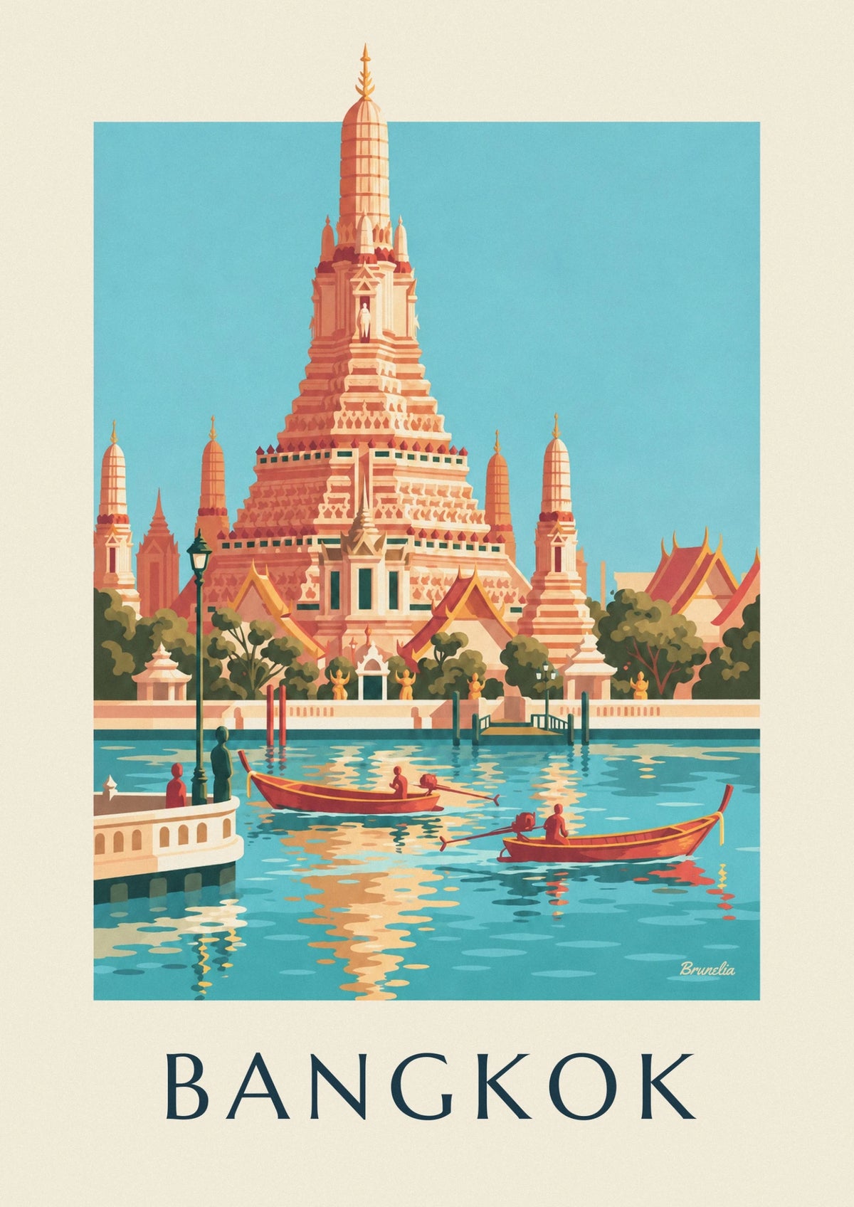 Boats in front of the Temple of Dawn in Bangkok poster