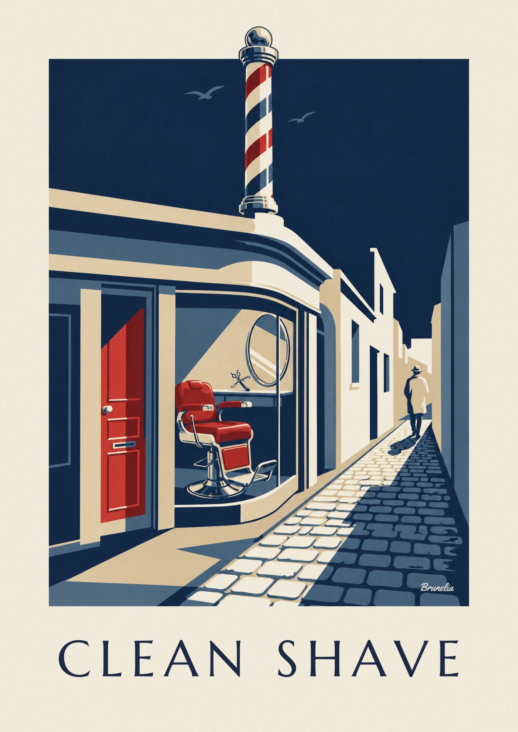 The red leather and chrome barber's chair, facing the oval mirror and scissors