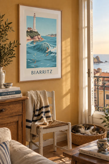 Poster of a surfer under the Biarritz lighthouse on the Basque coast: framed on the wall