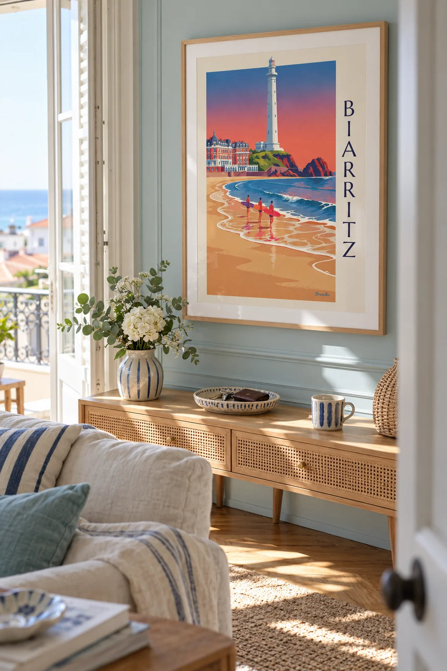 Plakat z surferami i longboardami przed Hôtel du Palais w Biarritz: w ramie na ścianie