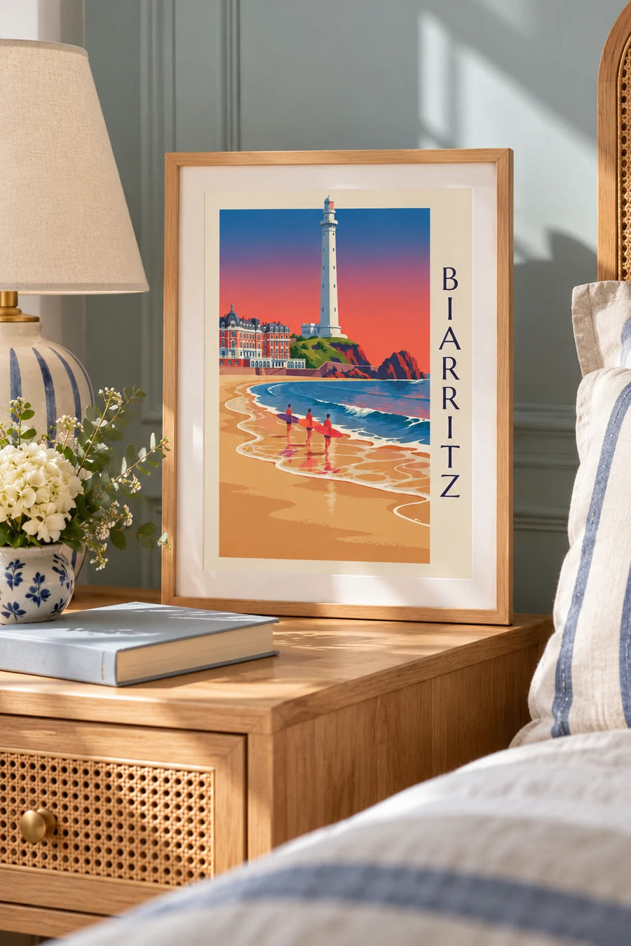Plakat z surferami i longboardami przed Hôtel du Palais w Biarritz: mały format A4 w ramie