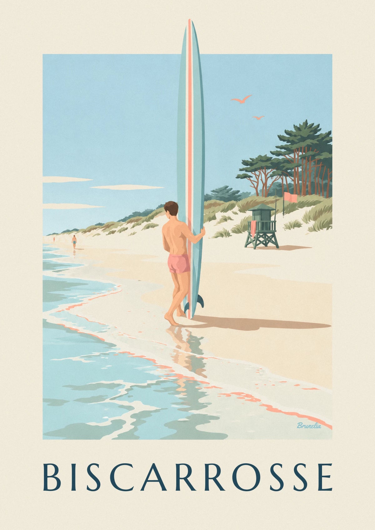 Surfer on Biscarrosse beach and dune poster