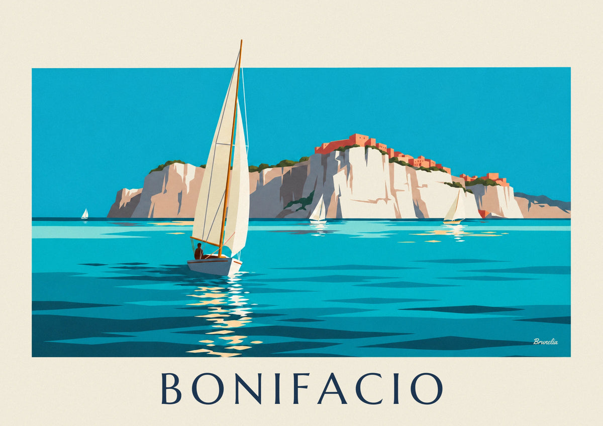 Bonifacio white cliffs and sailboats poster