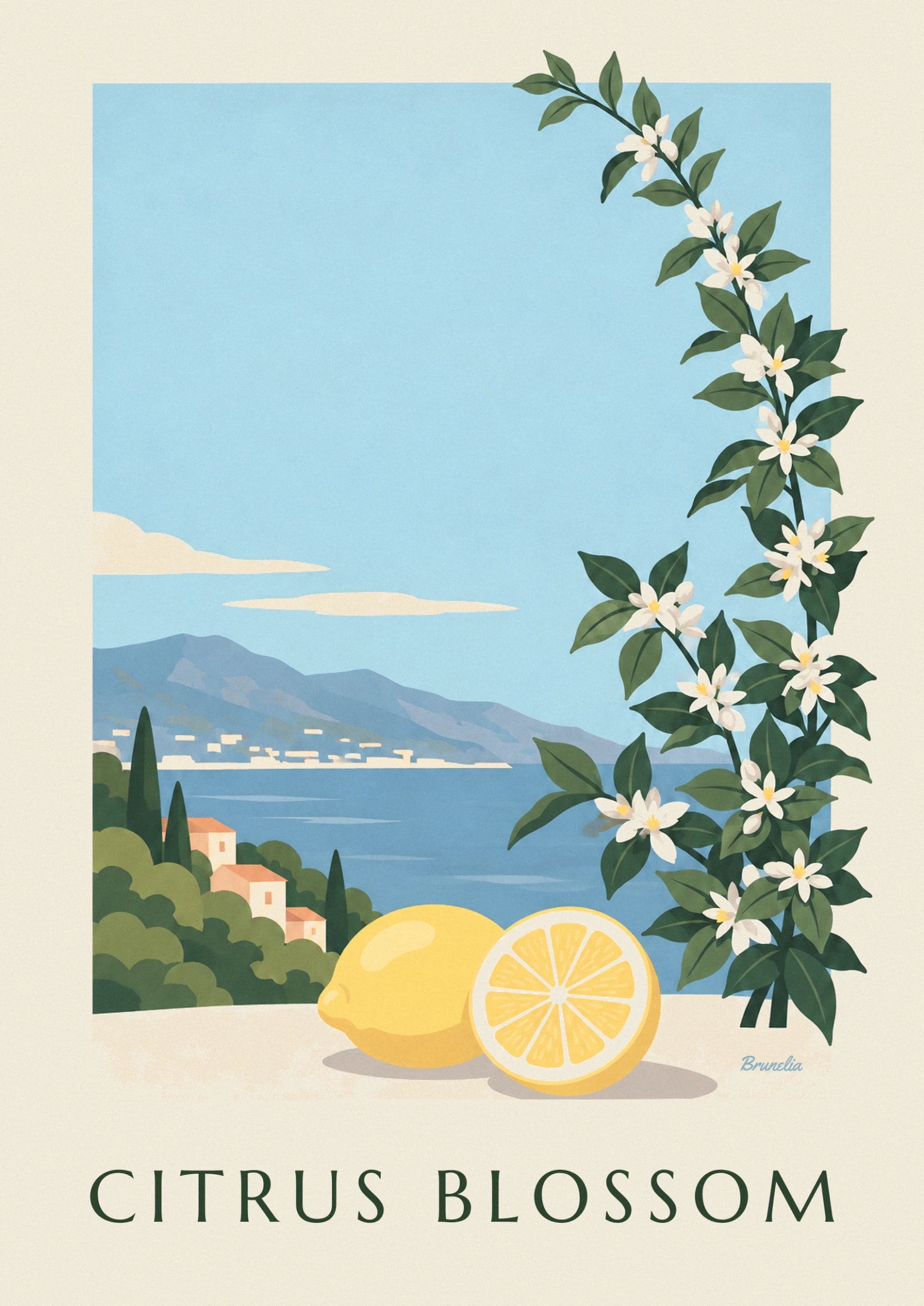 A whole lemon and a lemon half beside the water, with white lemon blossom at the top right