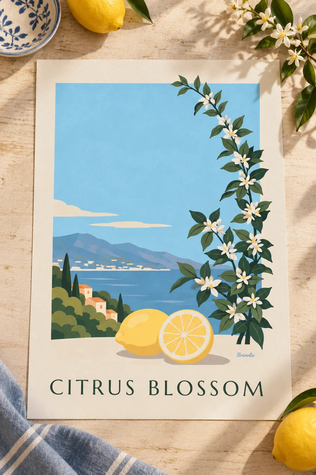 Bedroom: Lemon, half lemon and white lemon blossoms poster on the wall