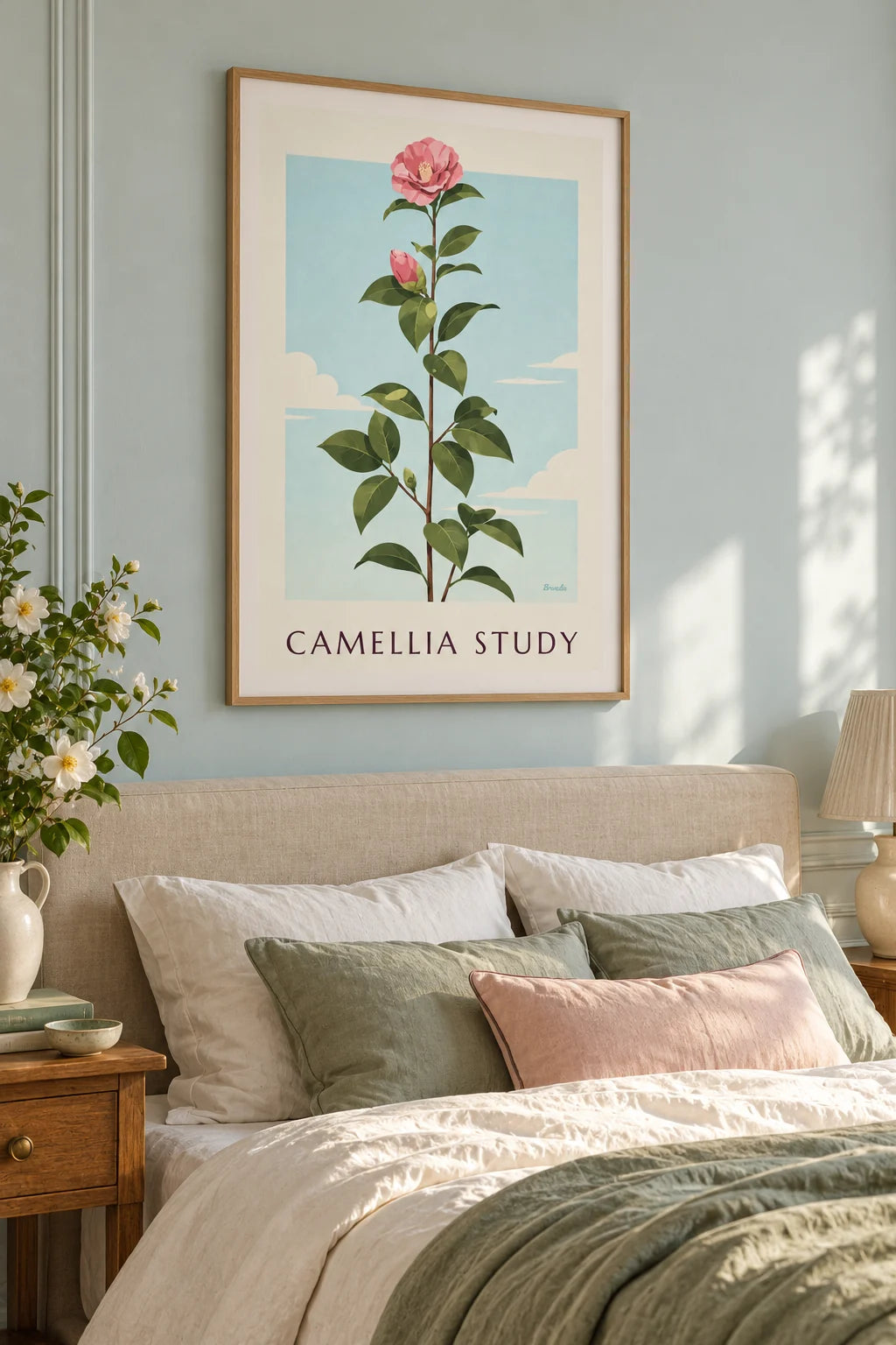 Sypialnia: aranżacja z plakatem Plakat botaniczny z kwitnącą różową kamelią
