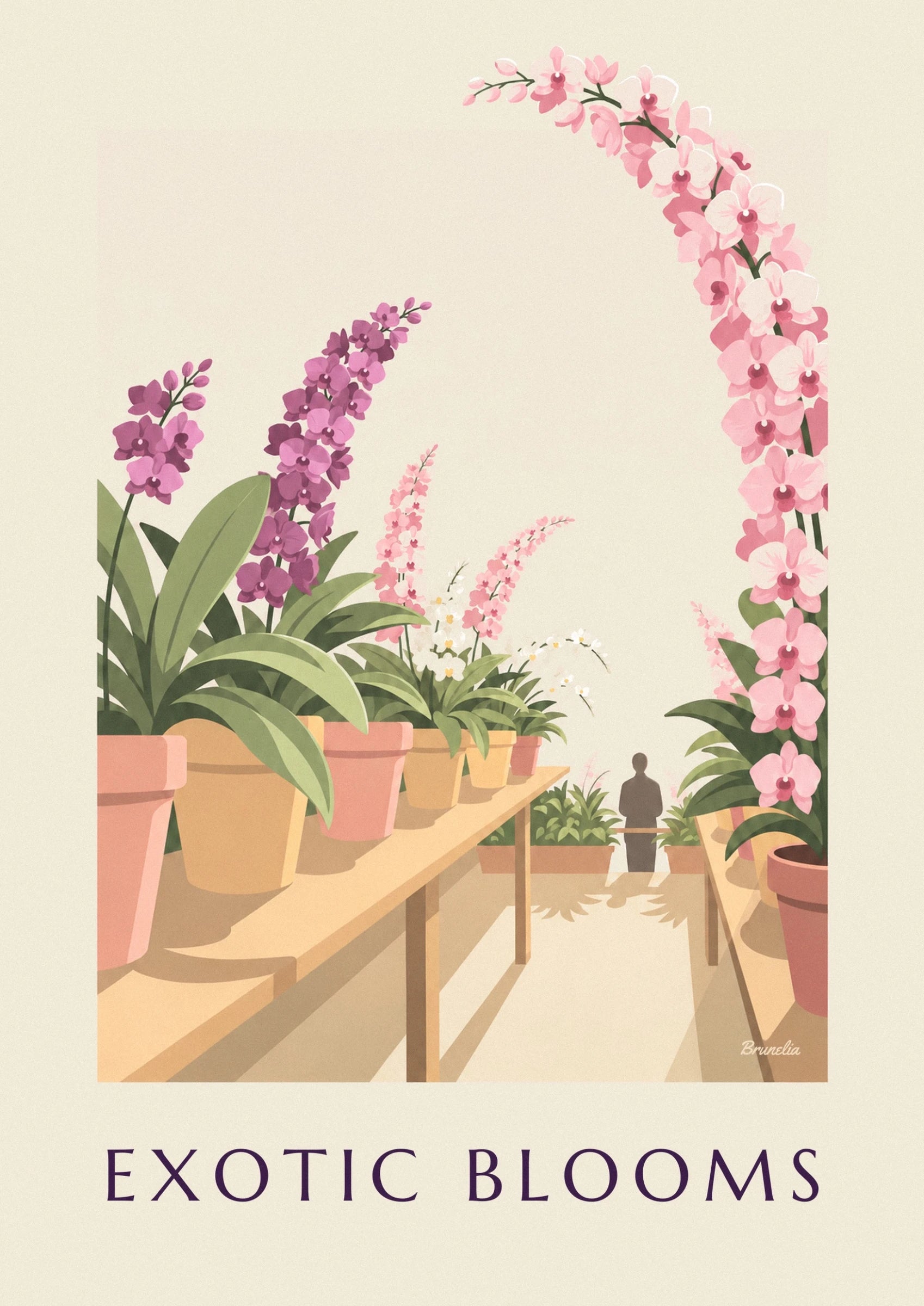 A cascade of pink and white orchids with purple centres against a cream background