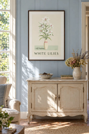 Poster of a bouquet of white lilies in a large vase: framed on the wall