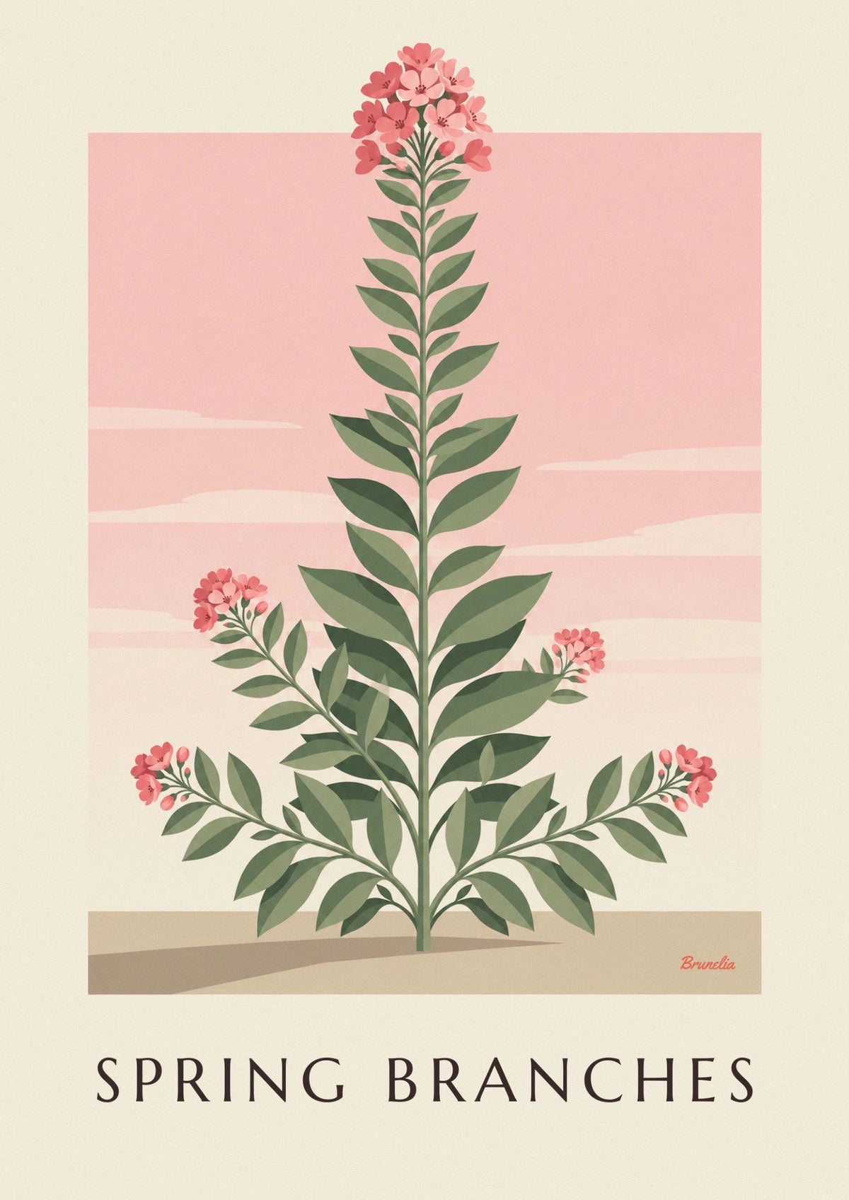 Leafy branches and pink spring flowers poster