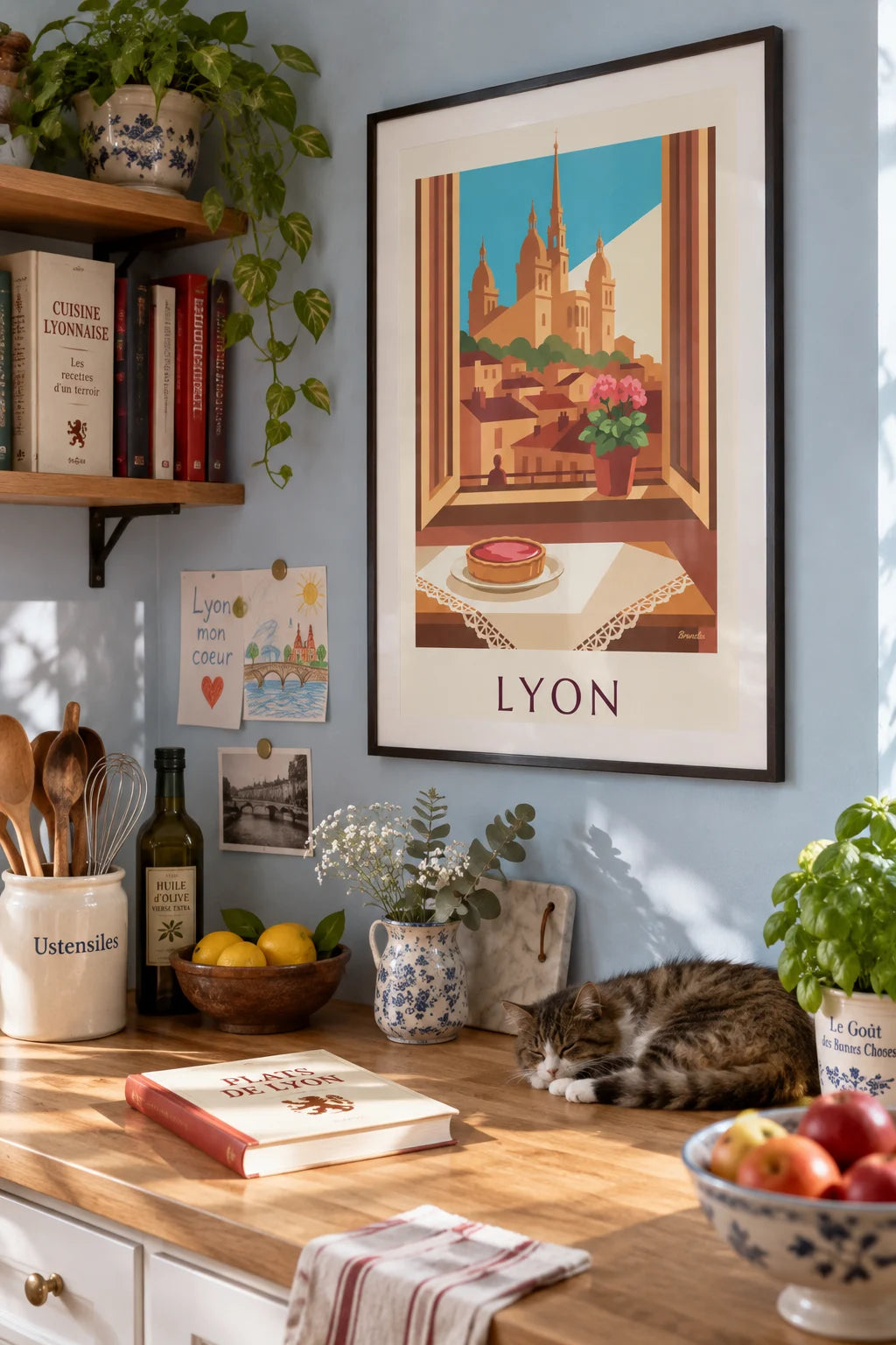 Mise en situation de Affiche tarte aux pralines roses à la fenêtre d'un salon lyonnais