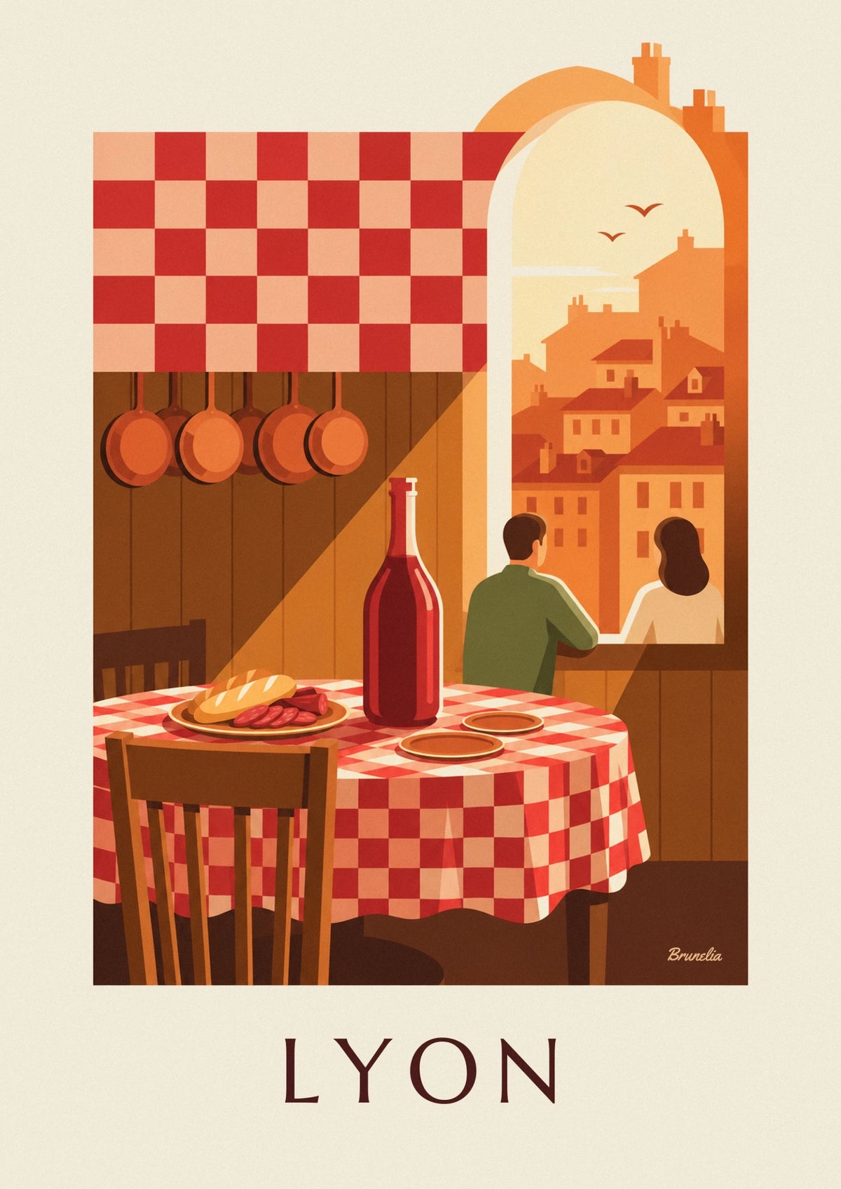 Lyon bouchon, checkered tablecloth and wine jug poster