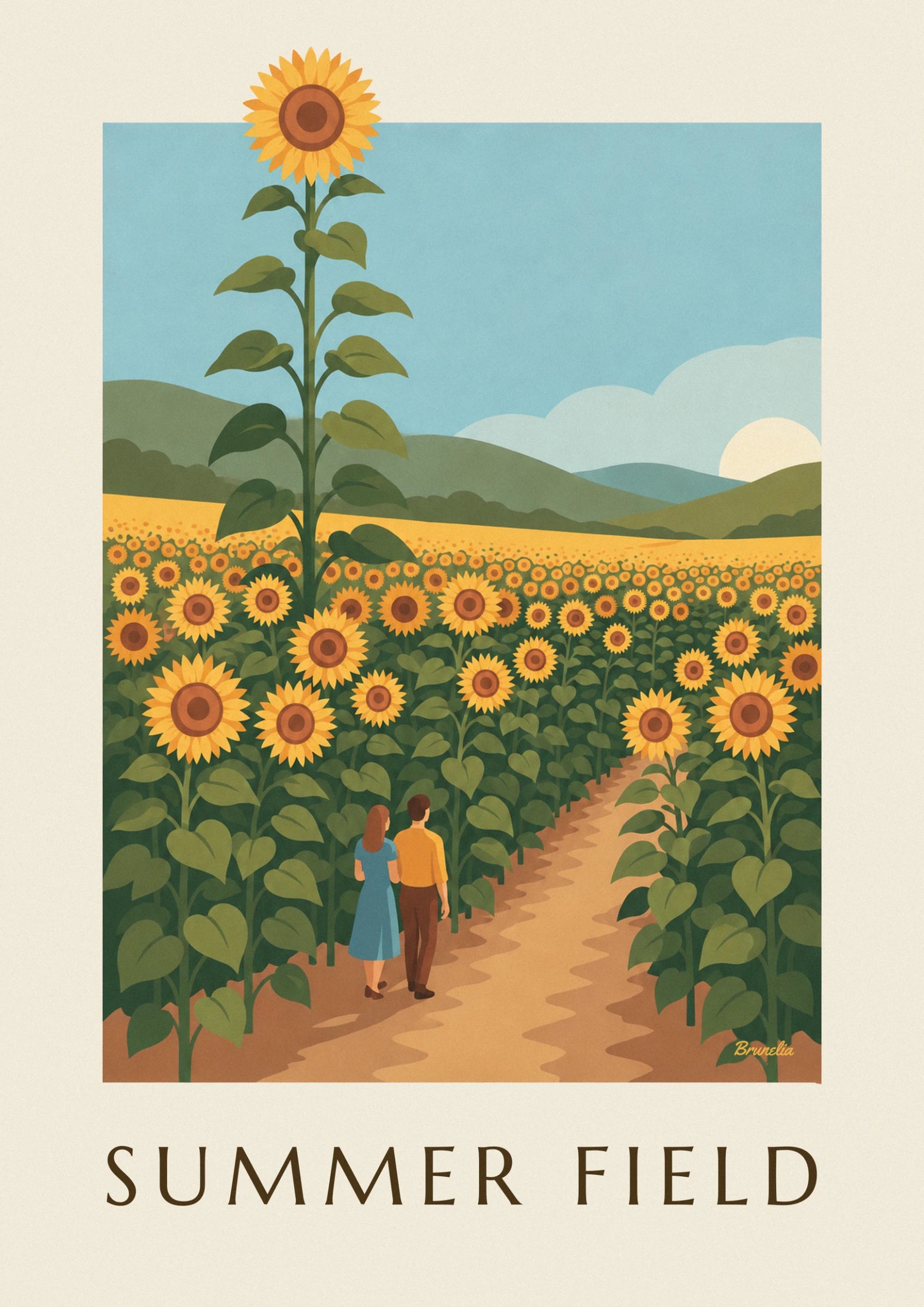 A large sunflower on its tall leafy stem, facing the pale blue sky