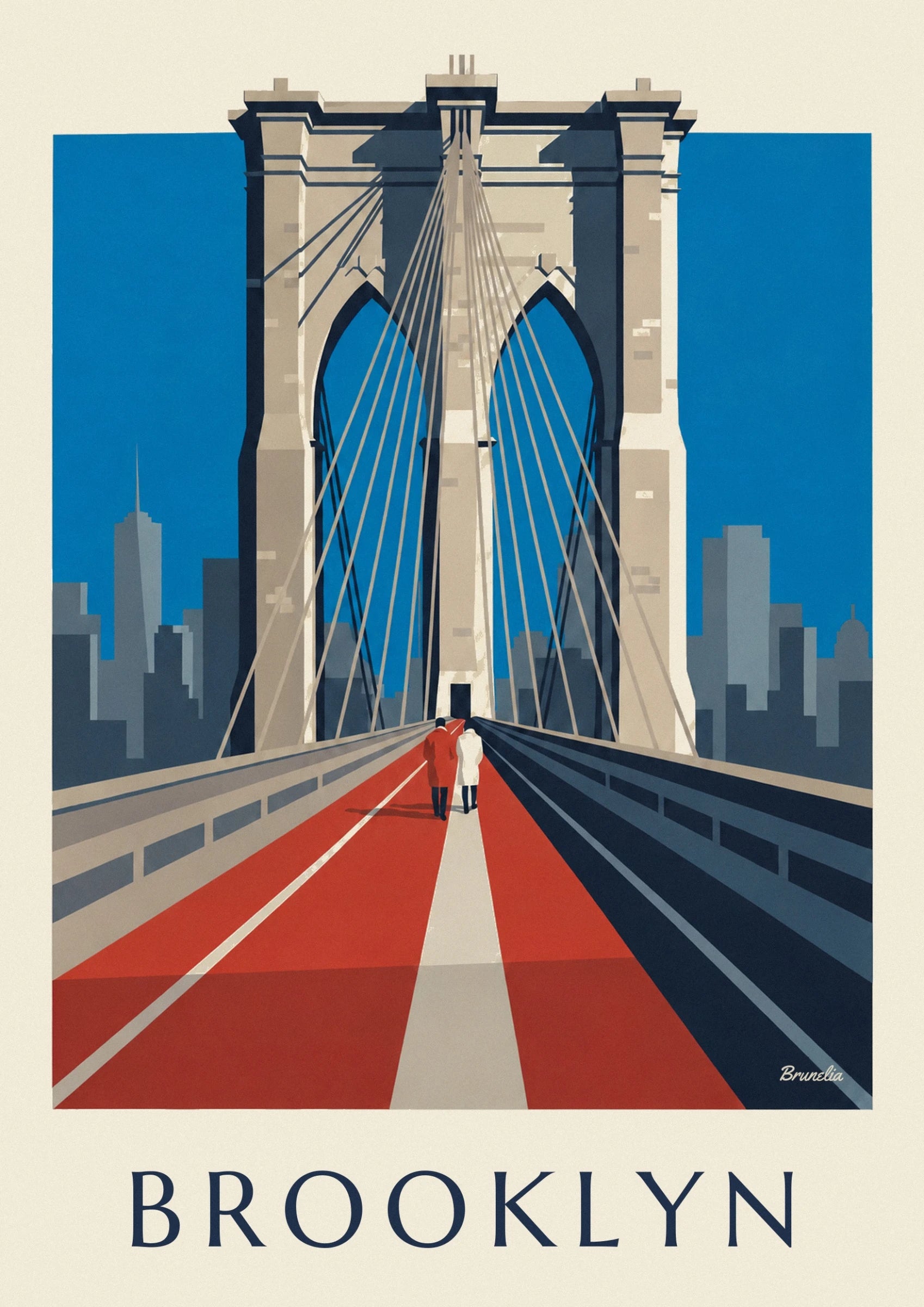 The stone arches of pont de Brooklyn and their cables against a blue sky