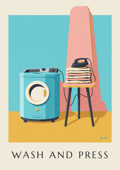 Poster of laundry and ironing with a front-loading washing machine: the full poster