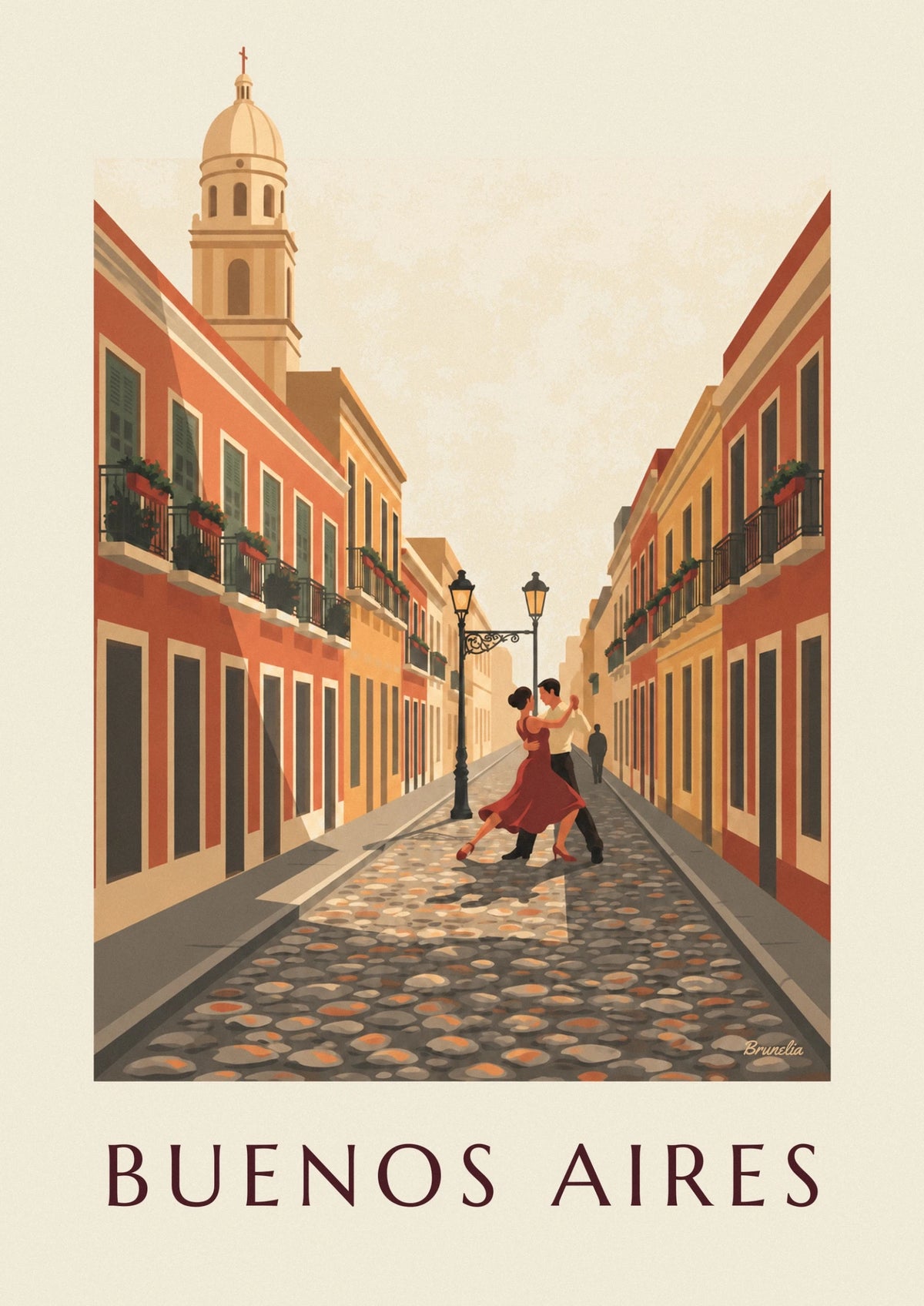 Affiche rue pavée de San Telmo à Buenos Aires et danseurs de tango