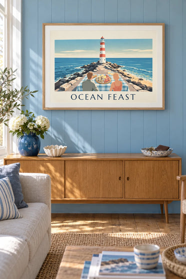 Poster of a seafood platter at the foot of a lighthouse: framed on the wall