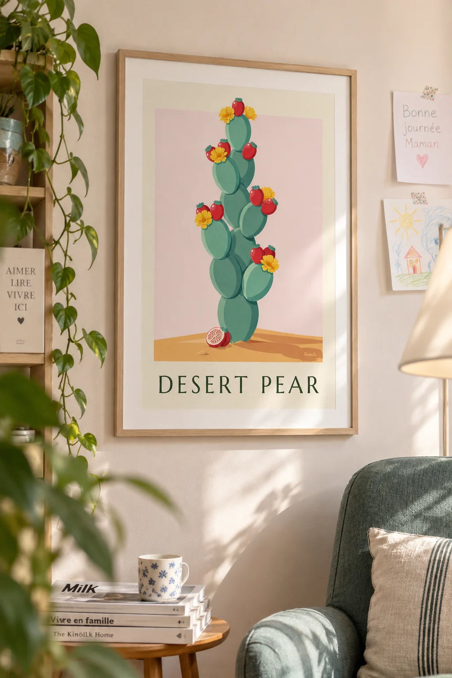 Affiche planche botanique du cactus opuntia, fleurs et fruits : encadrée au mur