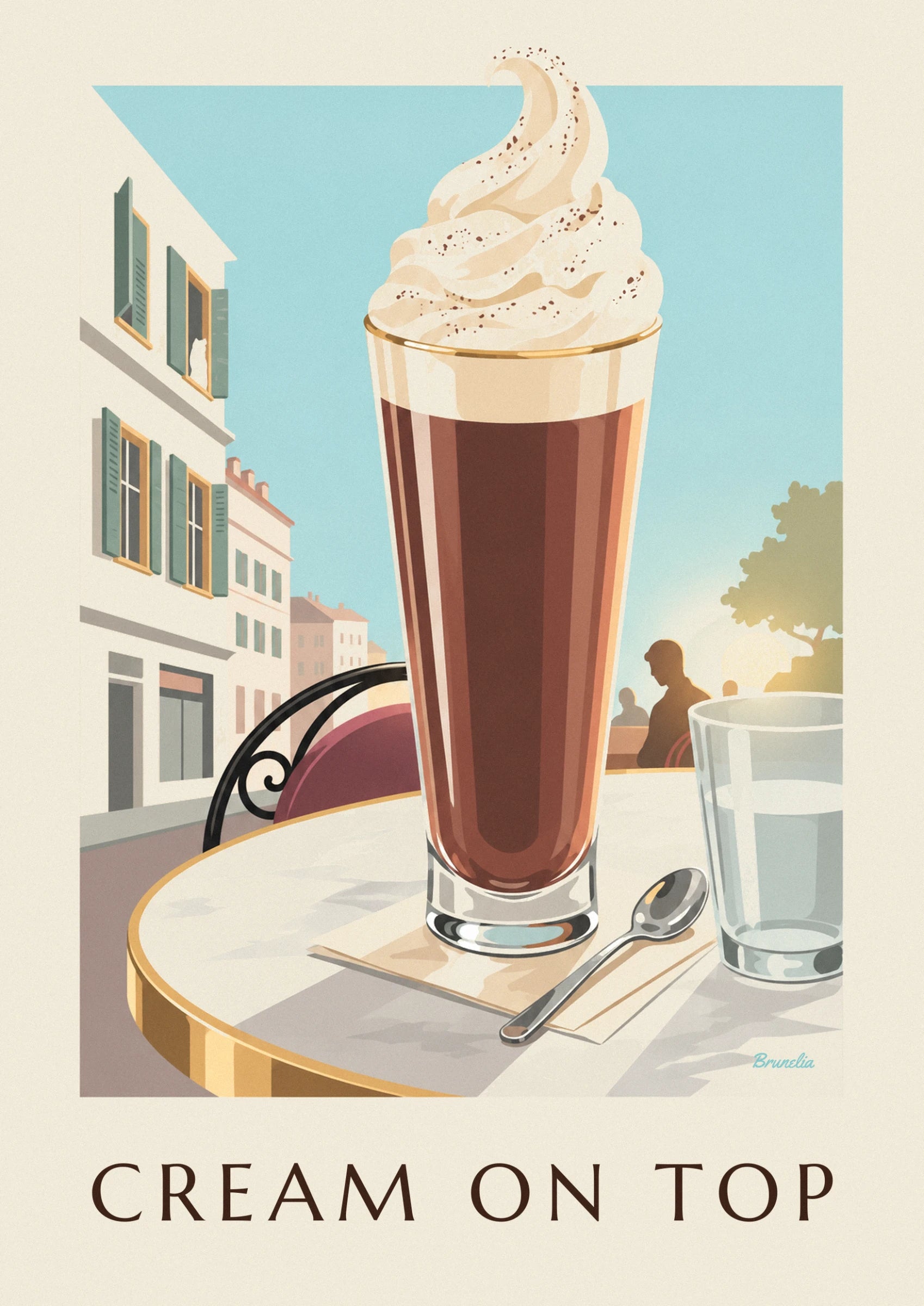 The Viennese coffee topped with whipped cream dusted with cocoa in a gold-rimmed glass