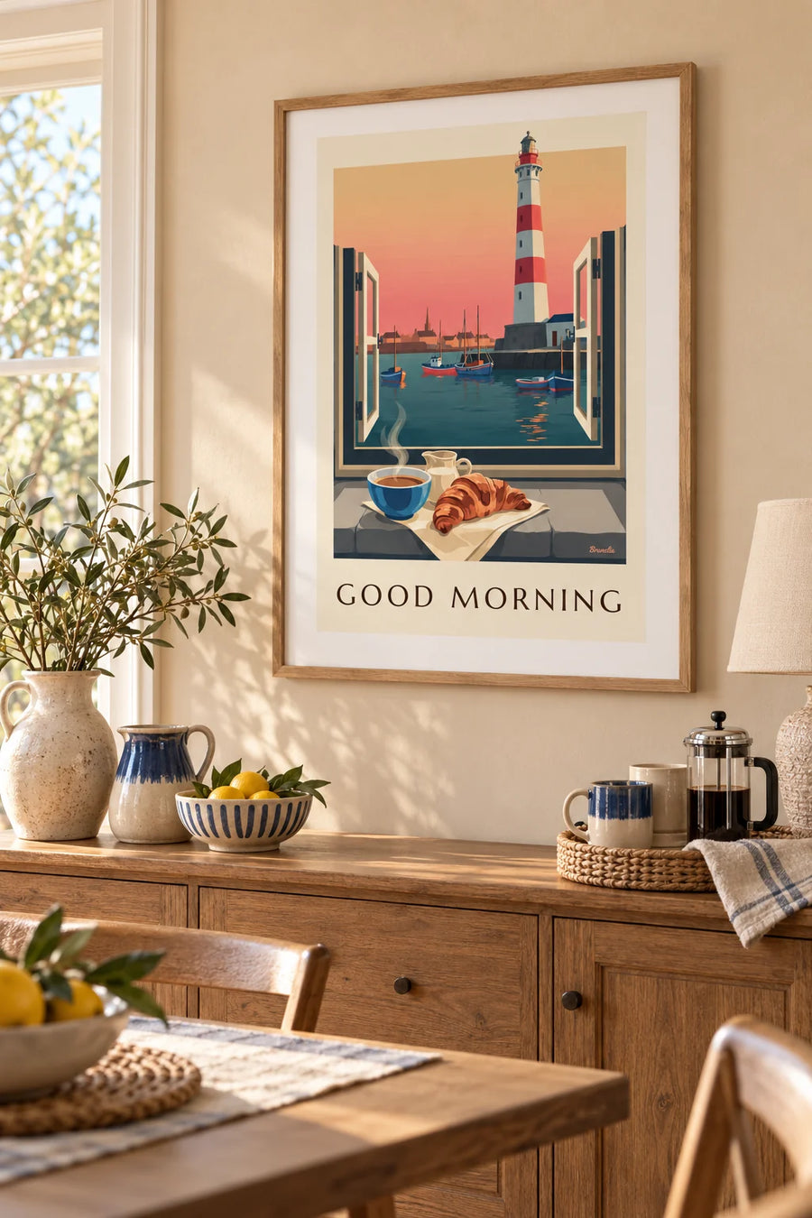 Plakat miska kawy i croissant w oknie z widokiem na latarnię morską: w ramie na ścianie