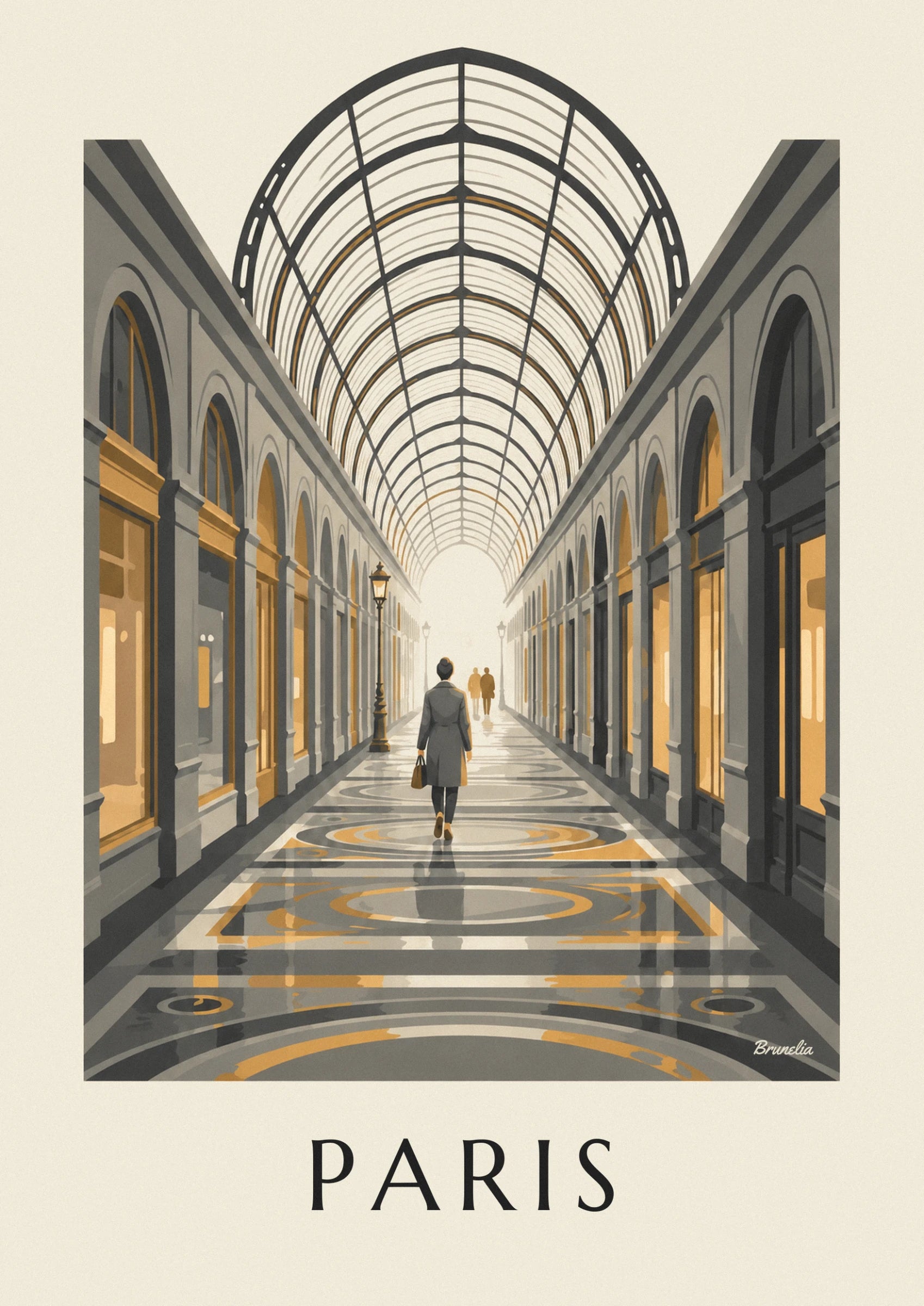 A woman in a grey coat with her brown bag, beneath the passage lamps
