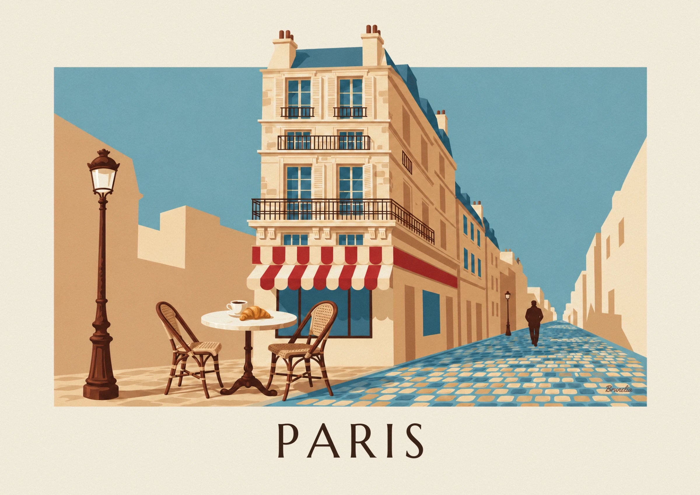 Coffee and a croissant on the round marble table between 2 cane chairs beneath the red striped awning