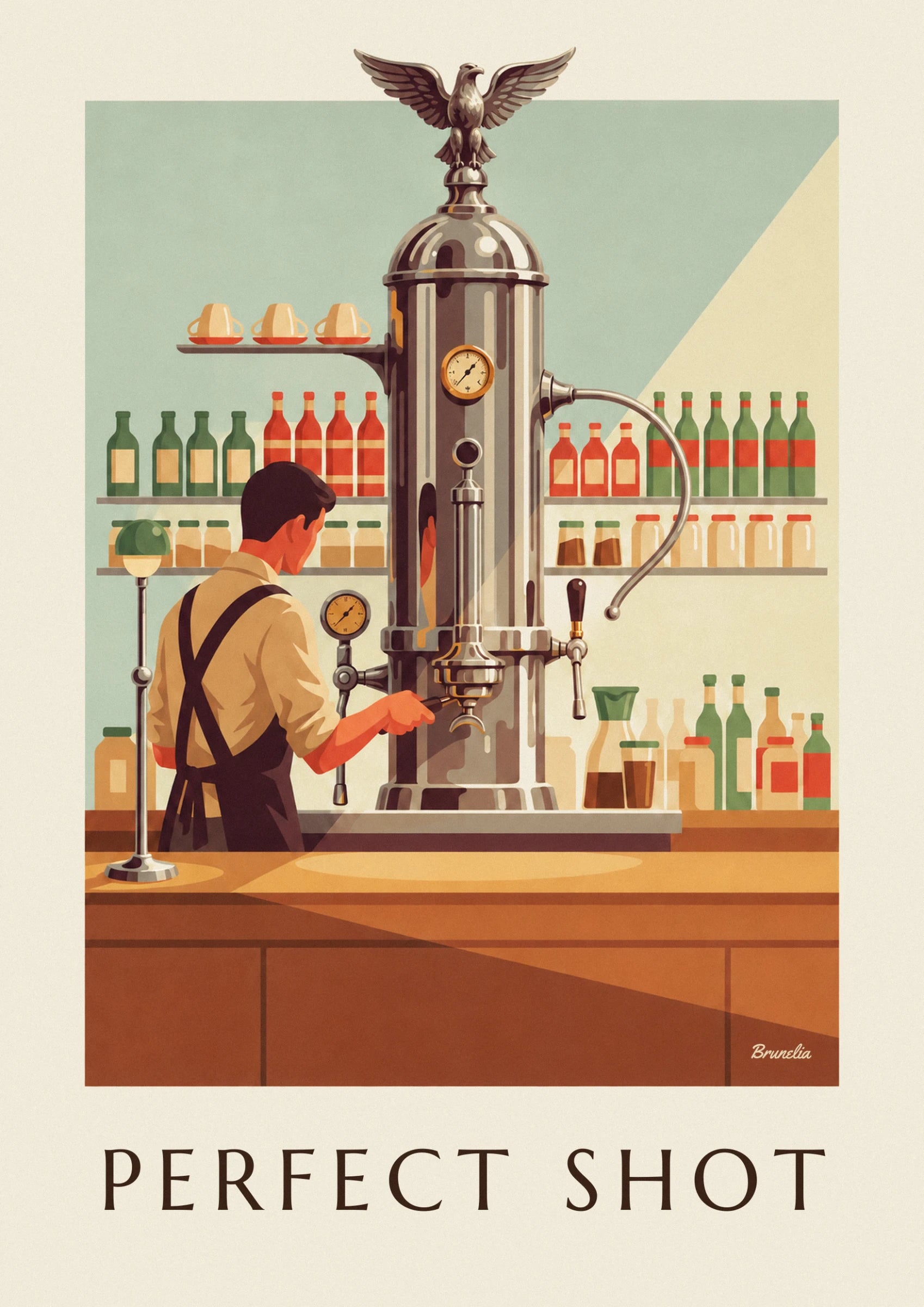 Le barista en tablier brun de dos, la main sur le levier de la machine, face au manomètre doré